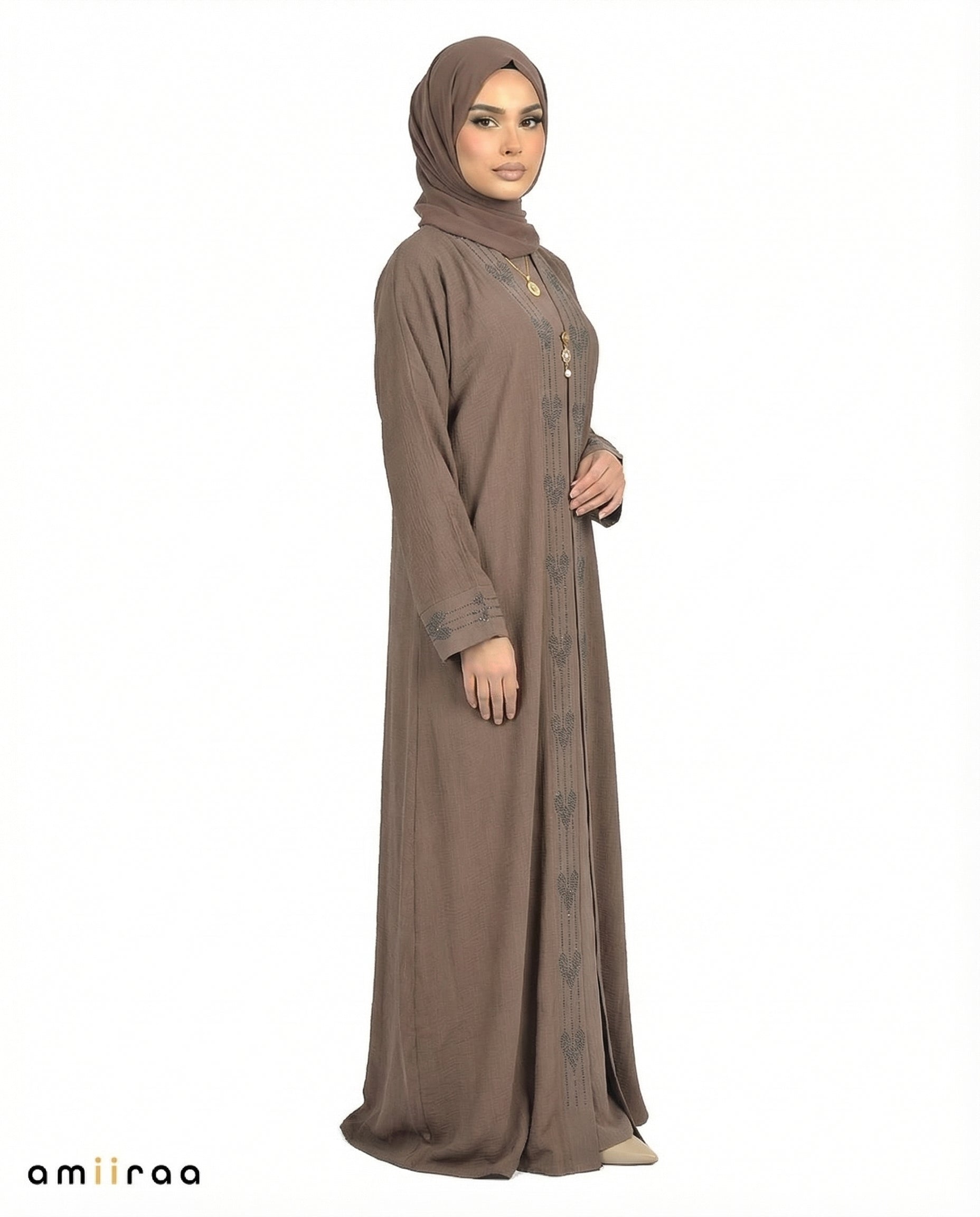 Major Brown Elegant Embroidered Closed Abaya with Decorative Front Panel