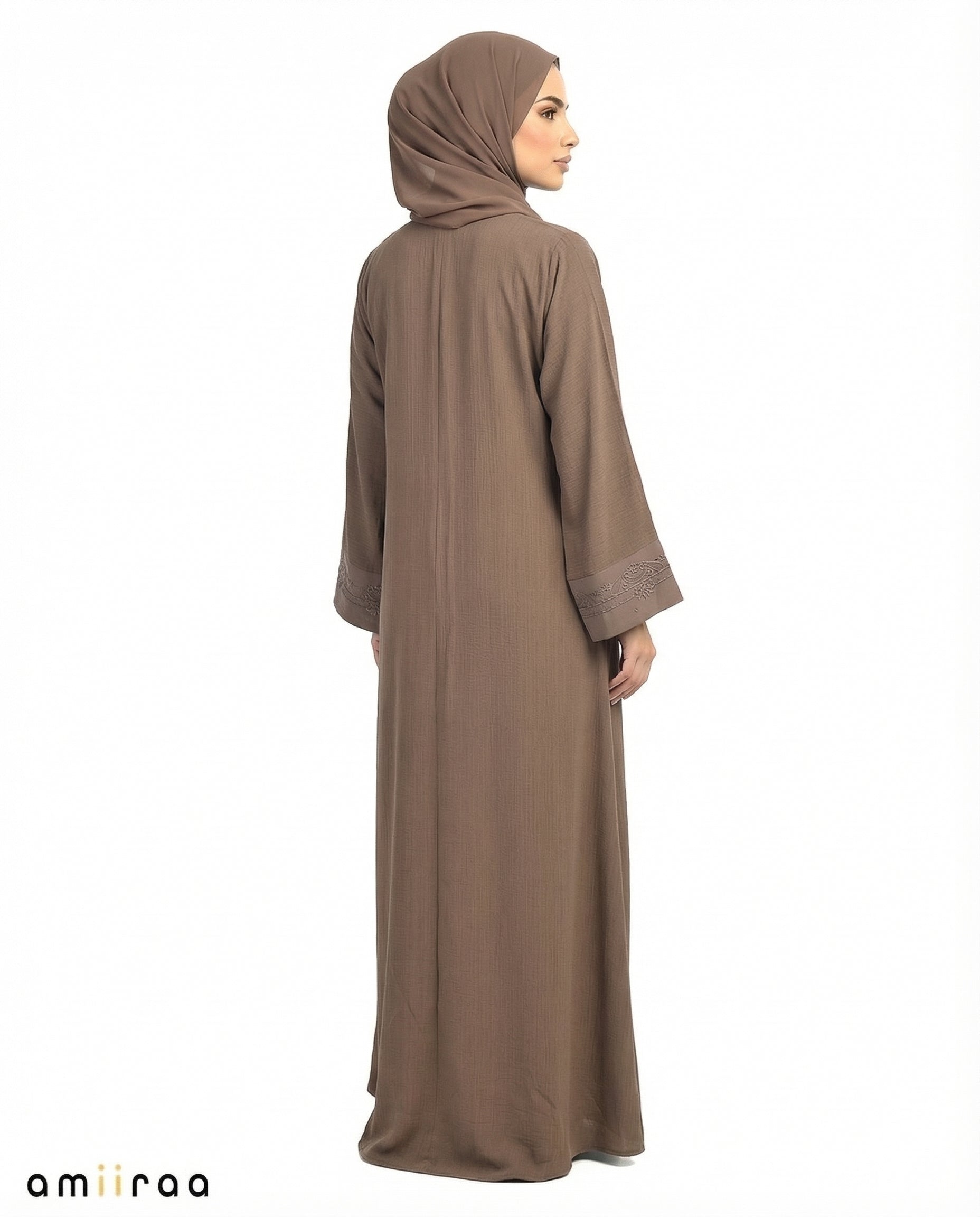 Major Brown Elegant Embroidered Closed Abaya with Decorative Front Panel