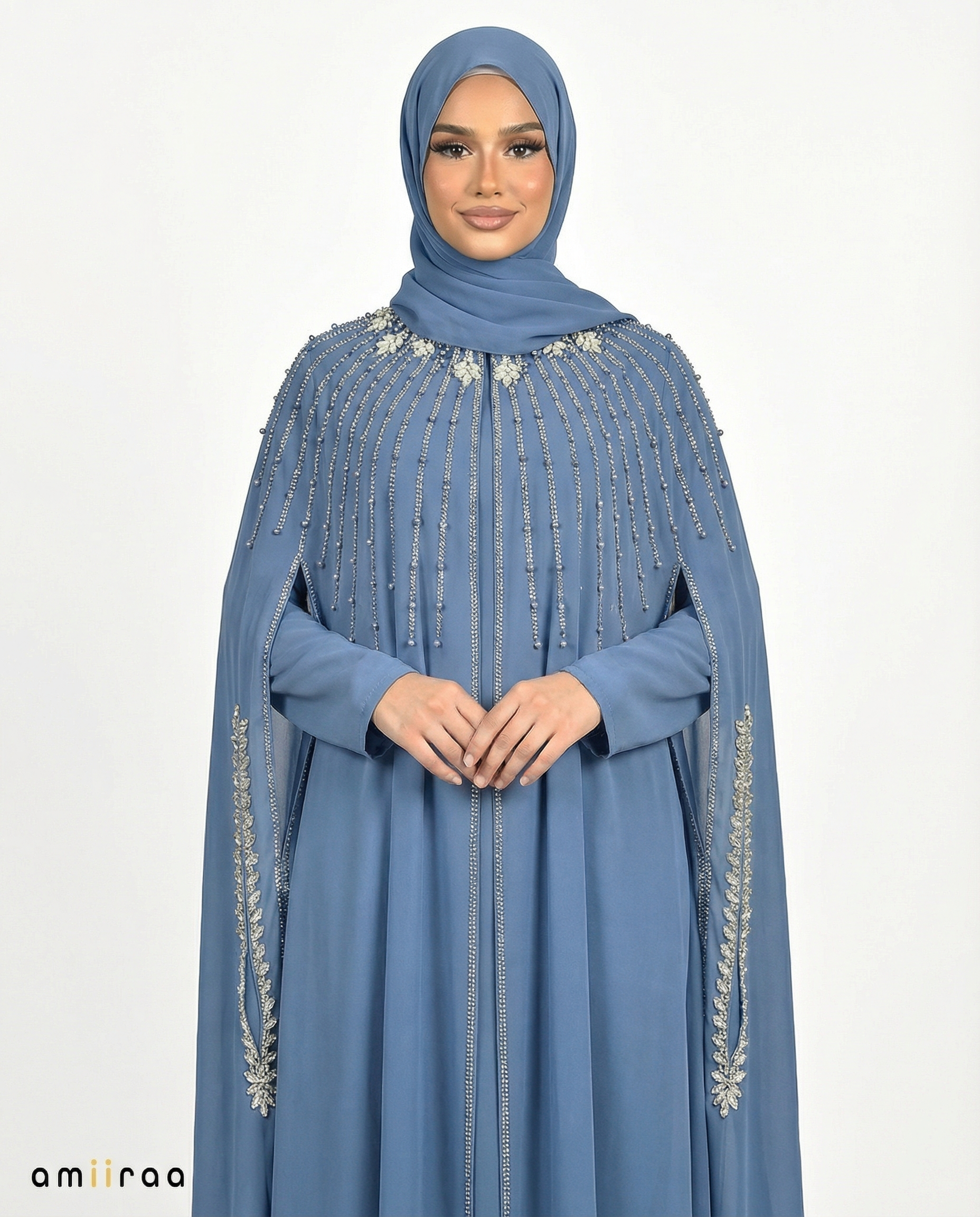 Dark Blue Waterfall Beaded Two-Piece Cloak Abaya