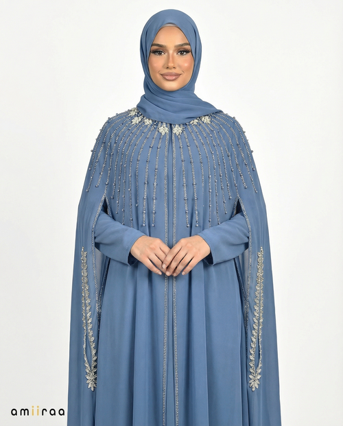 Dark Blue Waterfall Beaded Two-Piece Cloak Abaya