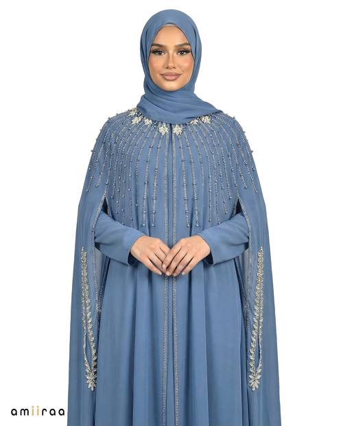 Dark Blue Waterfall Beaded Two-Piece Cloak Abaya