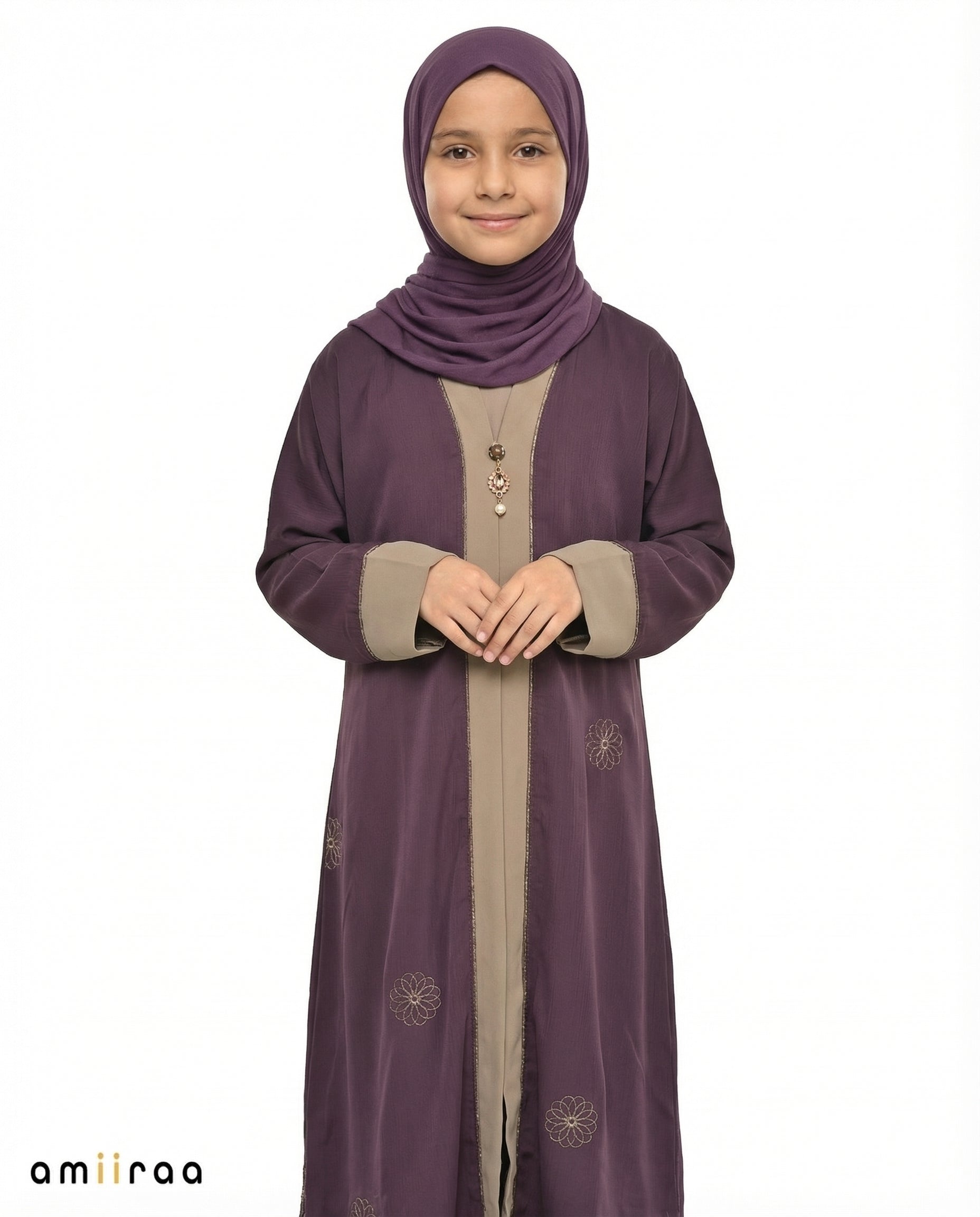 Coriander Girls Floral Embroidered Open Abaya with Inner Dress