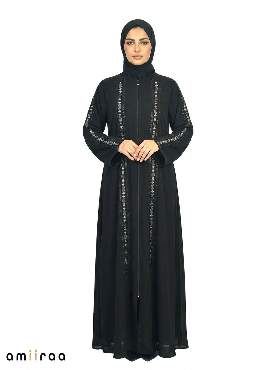 Feldspar Embroidered Sleeve Abaya with Front Zip Closure