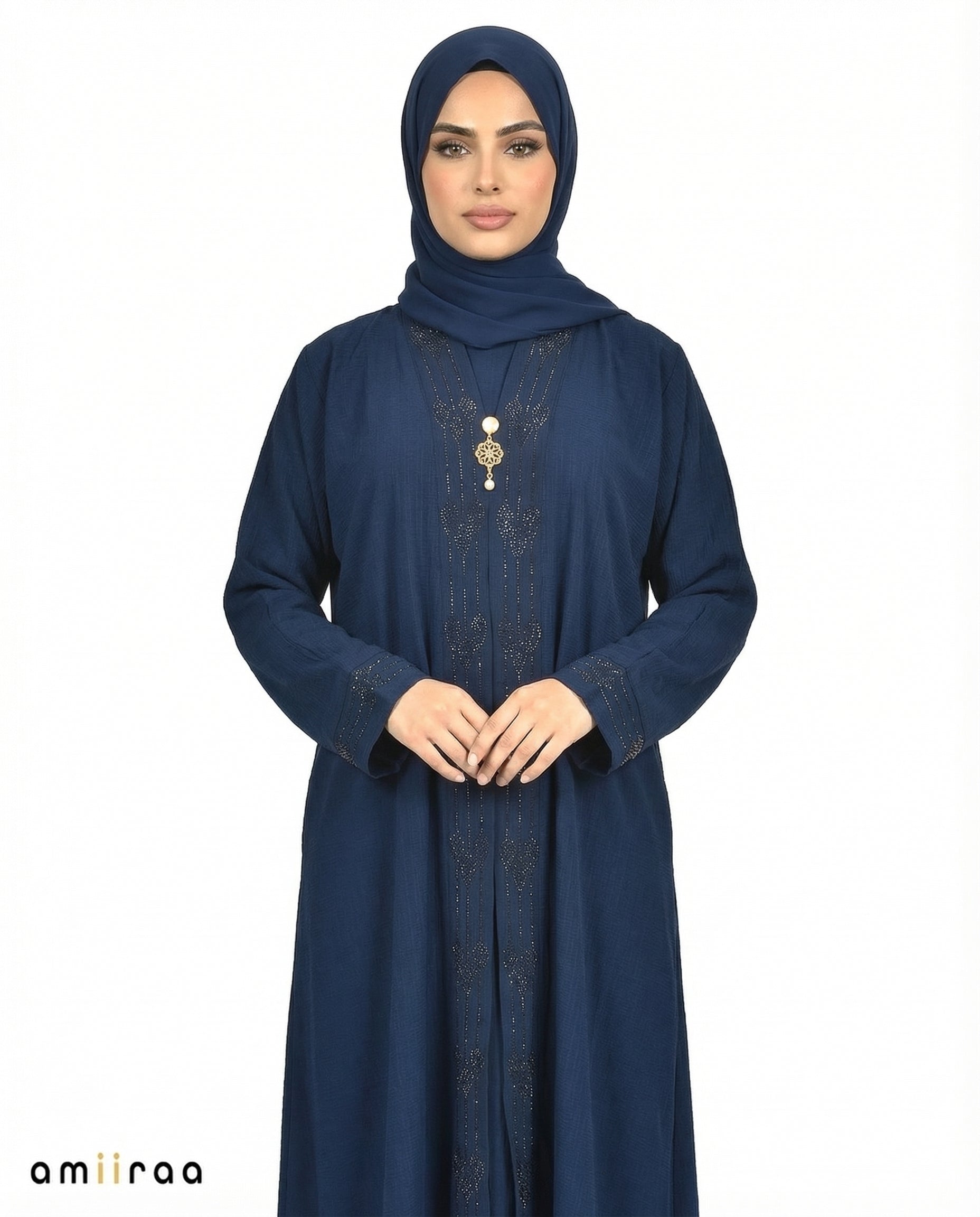 Black Iris Elegant Embroidered Closed Abaya with Decorative Front Panel