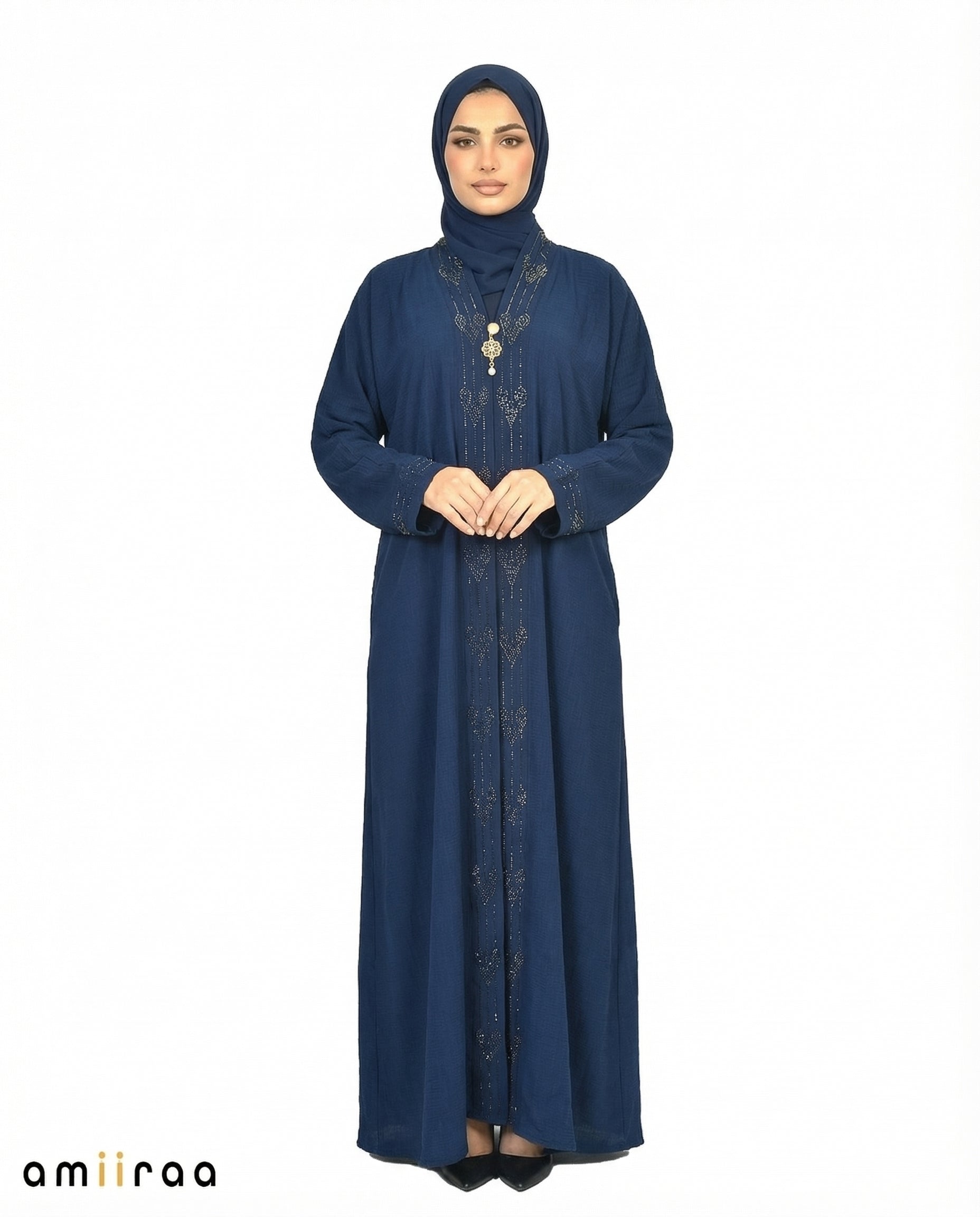 Black Iris Elegant Embroidered Closed Abaya with Decorative Front Panel
