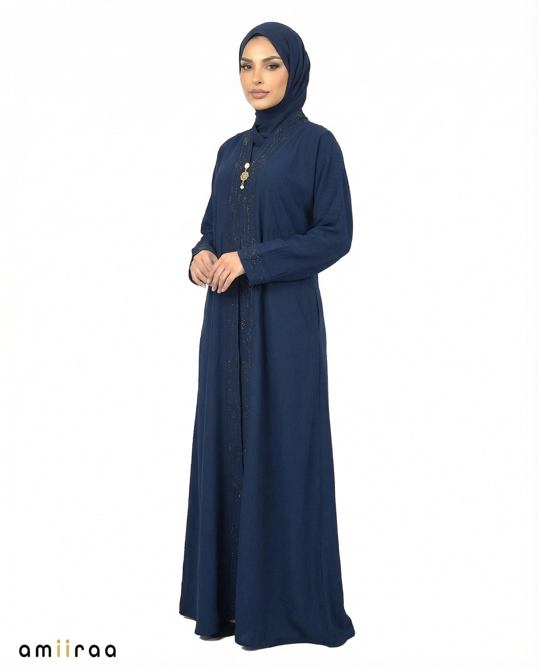 Black Iris Elegant Embroidered Closed Abaya with Decorative Front Panel