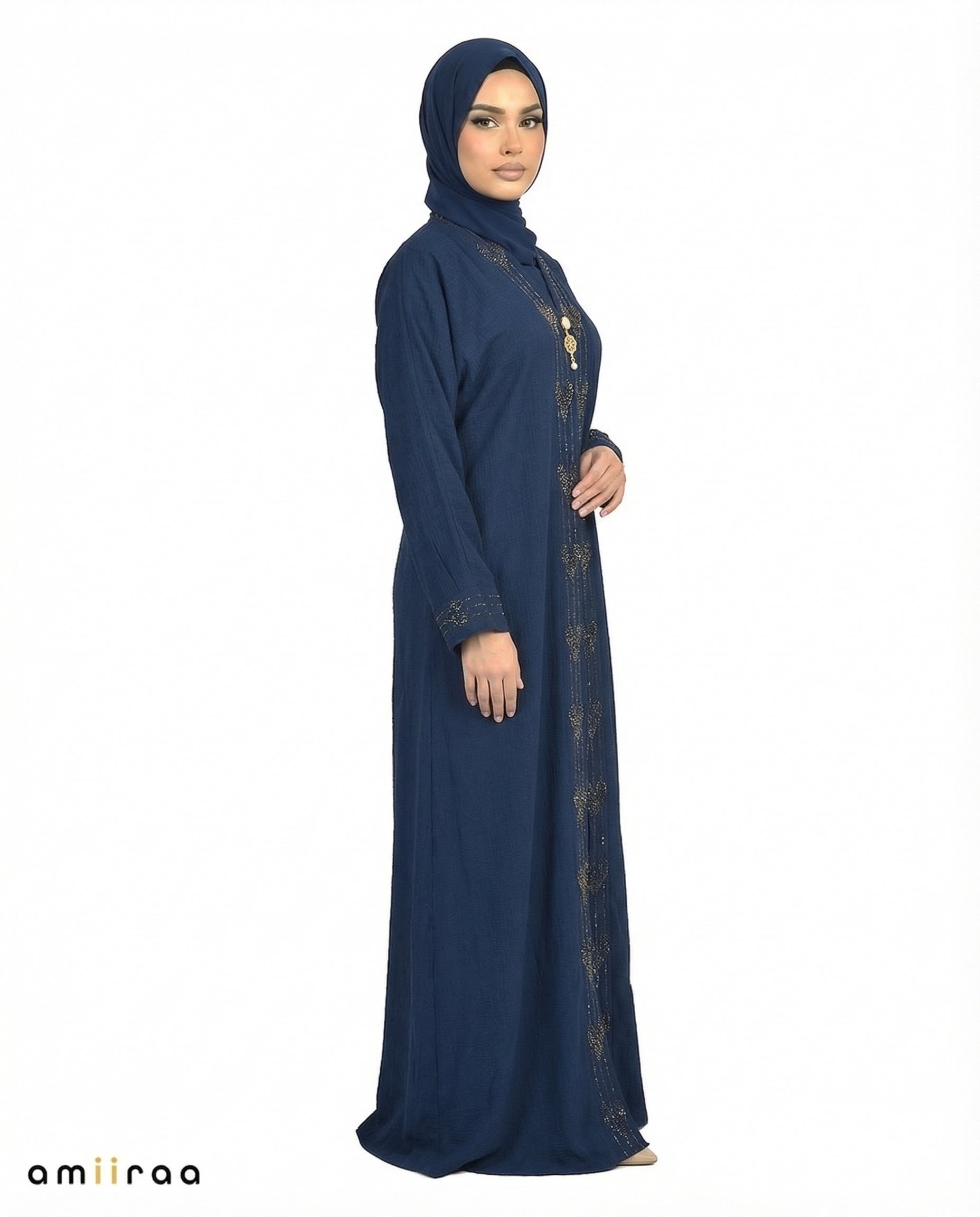 Black Iris Elegant Embroidered Closed Abaya with Decorative Front Panel