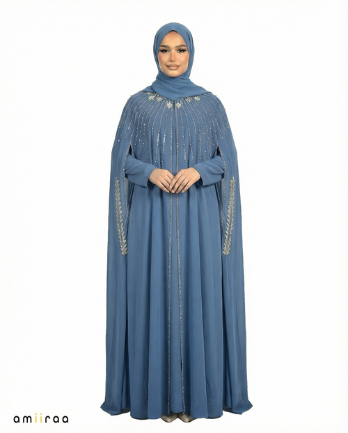 Dark Blue Waterfall Beaded Two-Piece Cloak Abaya