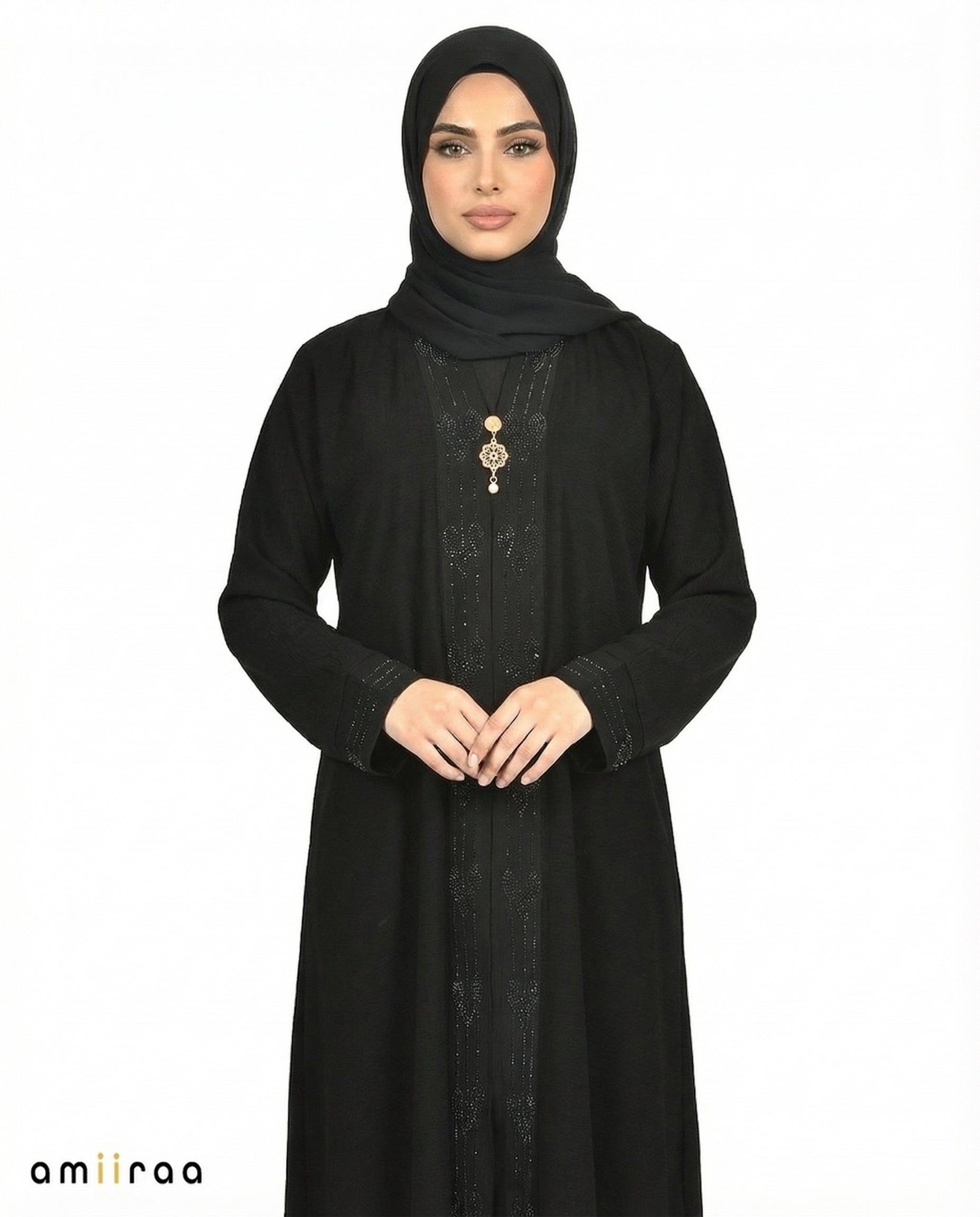 Tap Shoe Elegant Embroidered Closed Abaya with Decorative Front Panel