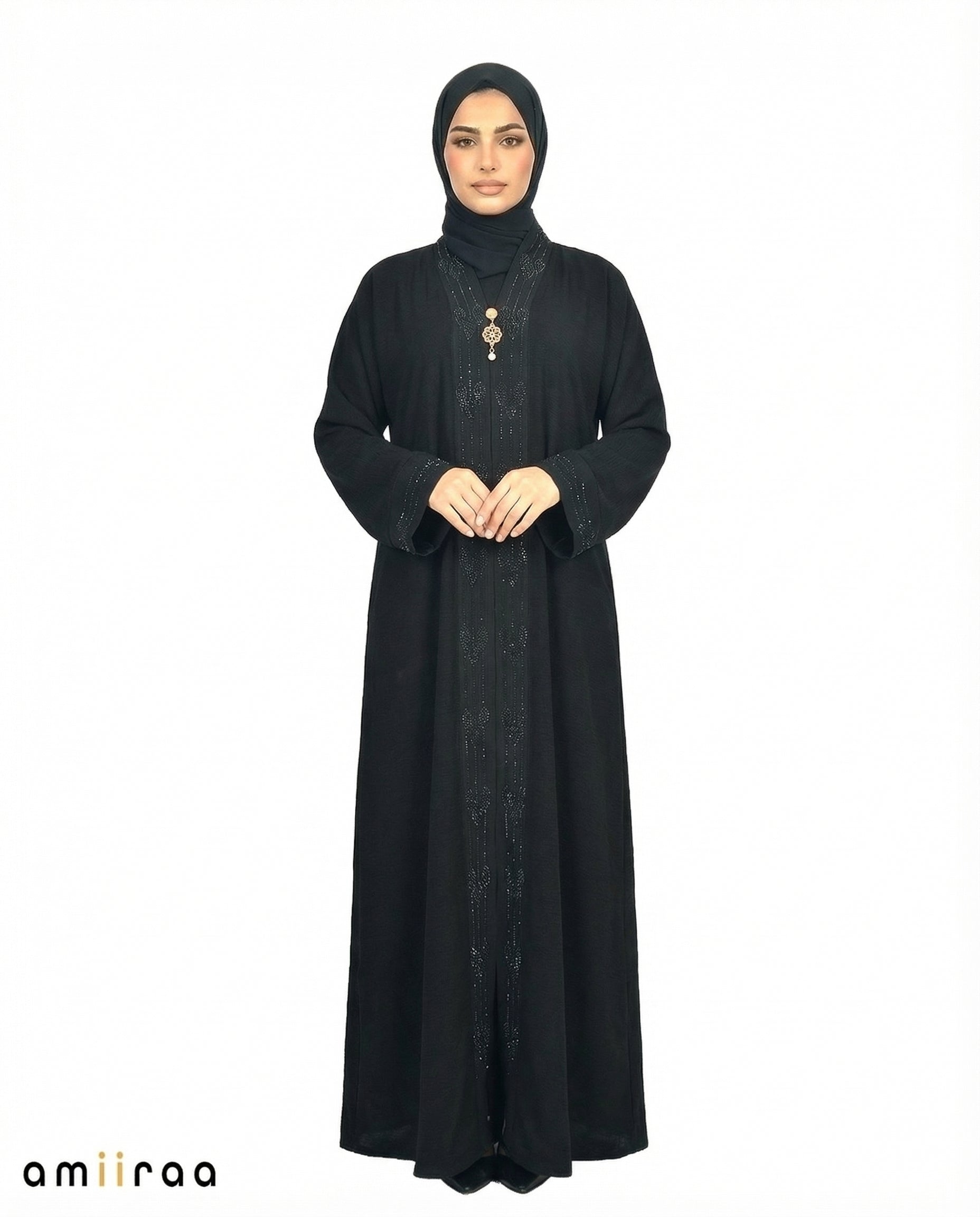 Tap Shoe Elegant Embroidered Closed Abaya with Decorative Front Panel