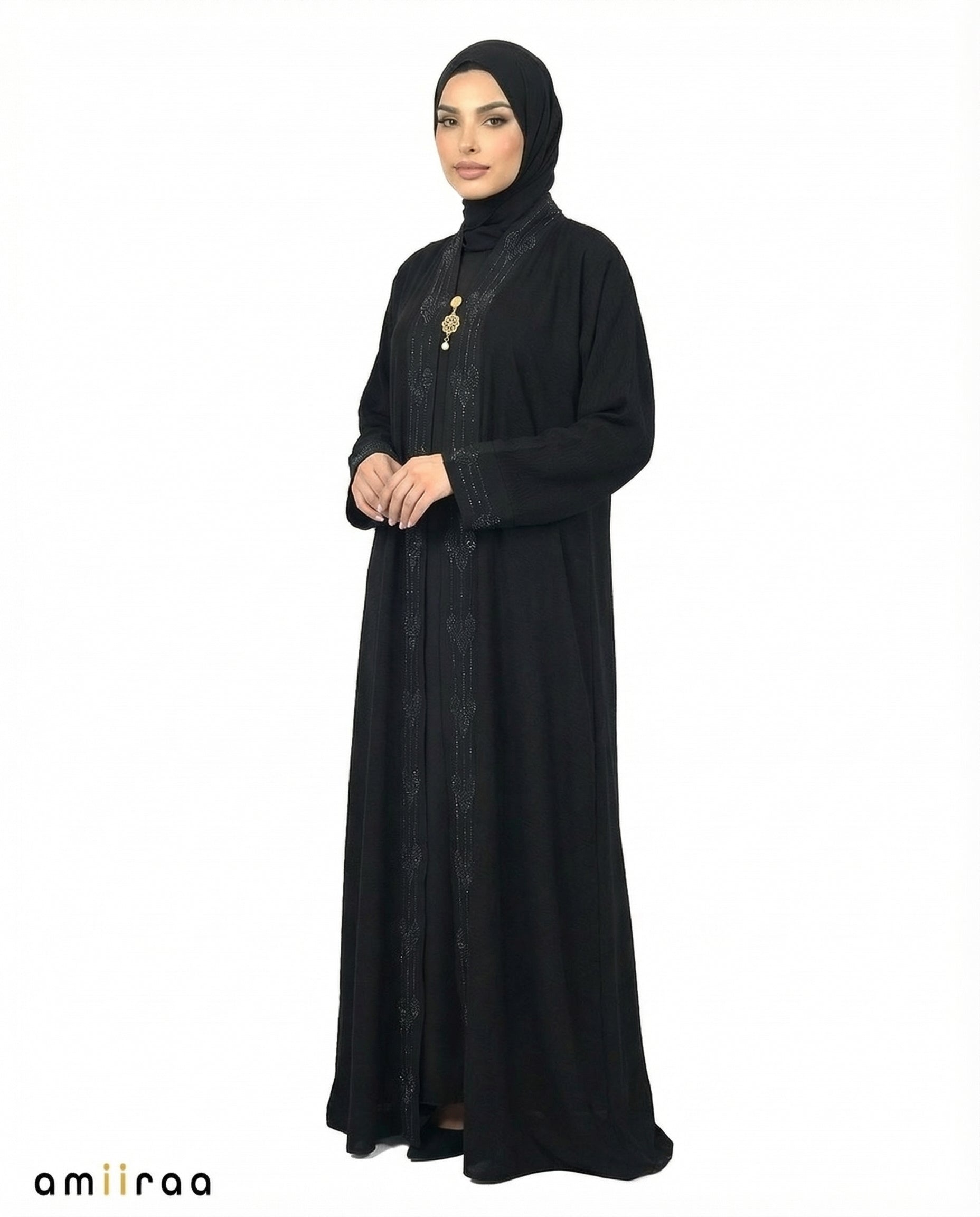 Tap Shoe Elegant Embroidered Closed Abaya with Decorative Front Panel