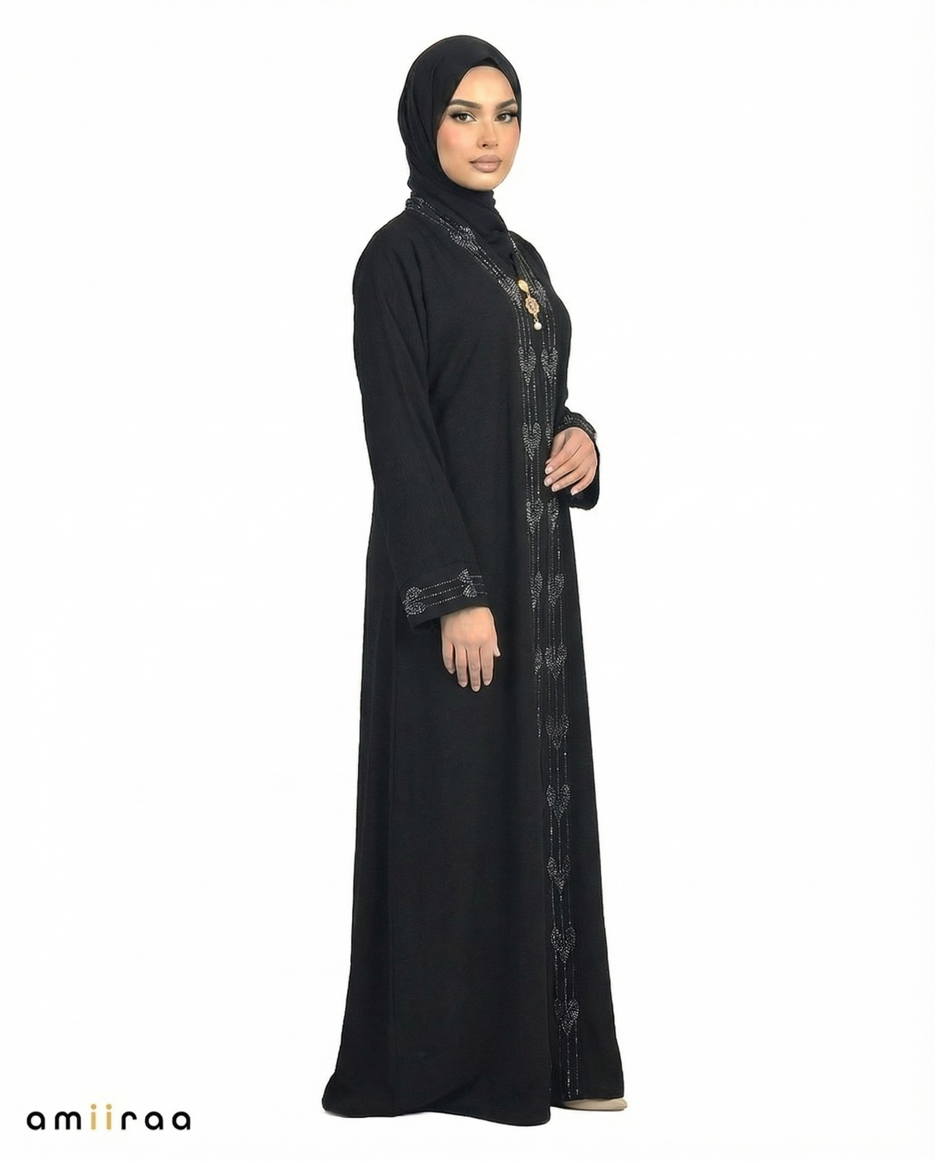 Tap Shoe Elegant Embroidered Closed Abaya with Decorative Front Panel