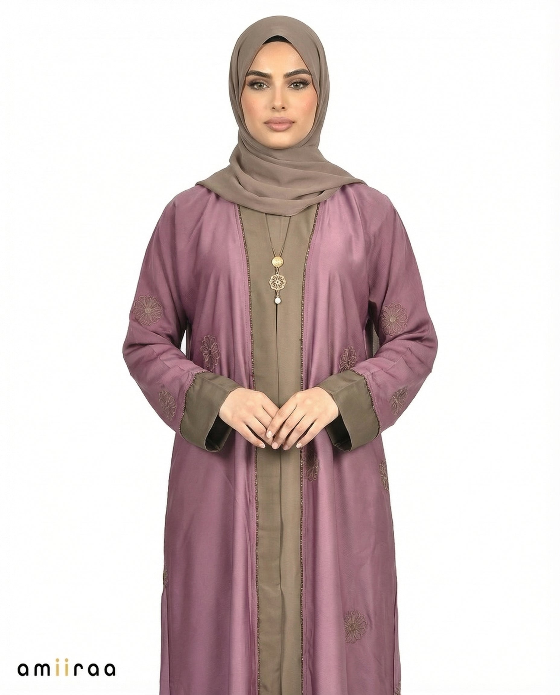 Ephemera Elegant Floral Embroidered Open Abaya with Inner Dress