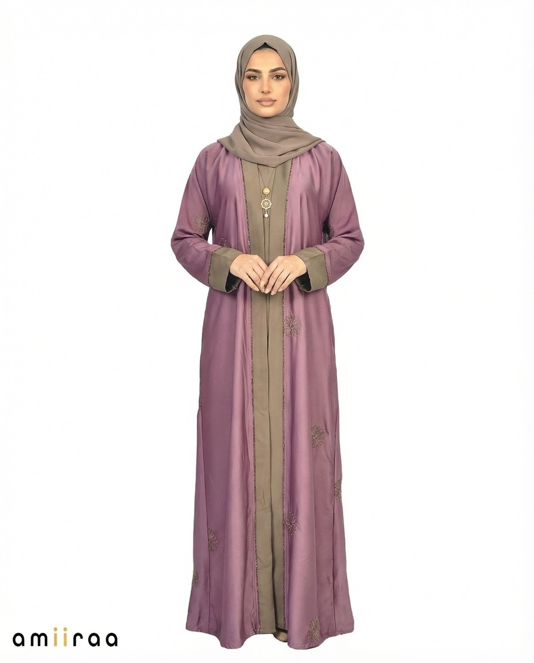 Ephemera Elegant Floral Embroidered Open Abaya with Inner Dress
