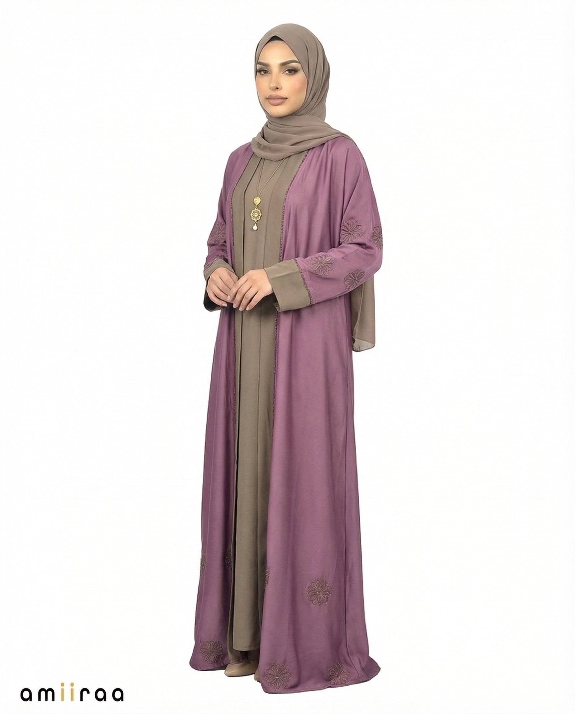 Ephemera Elegant Floral Embroidered Open Abaya with Inner Dress