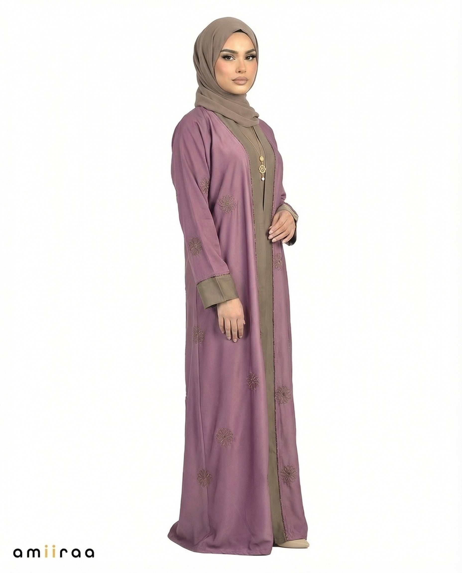 Ephemera Elegant Floral Embroidered Open Abaya with Inner Dress