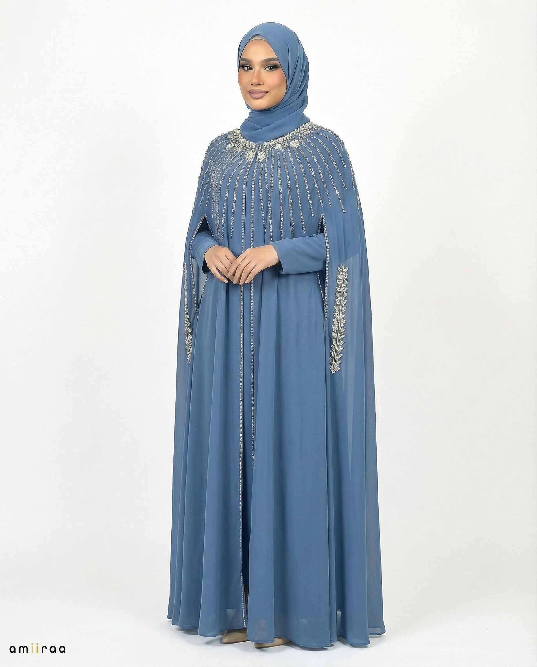Dark Blue Waterfall Beaded Two-Piece Cloak Abaya