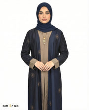 Black Iris Elegant Floral Embroidered Open Abaya with Inner Dress