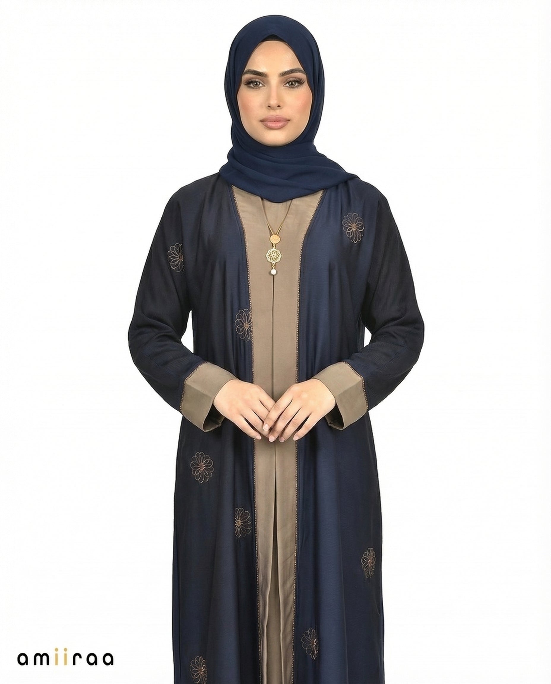 Black Iris Elegant Floral Embroidered Open Abaya with Inner Dress