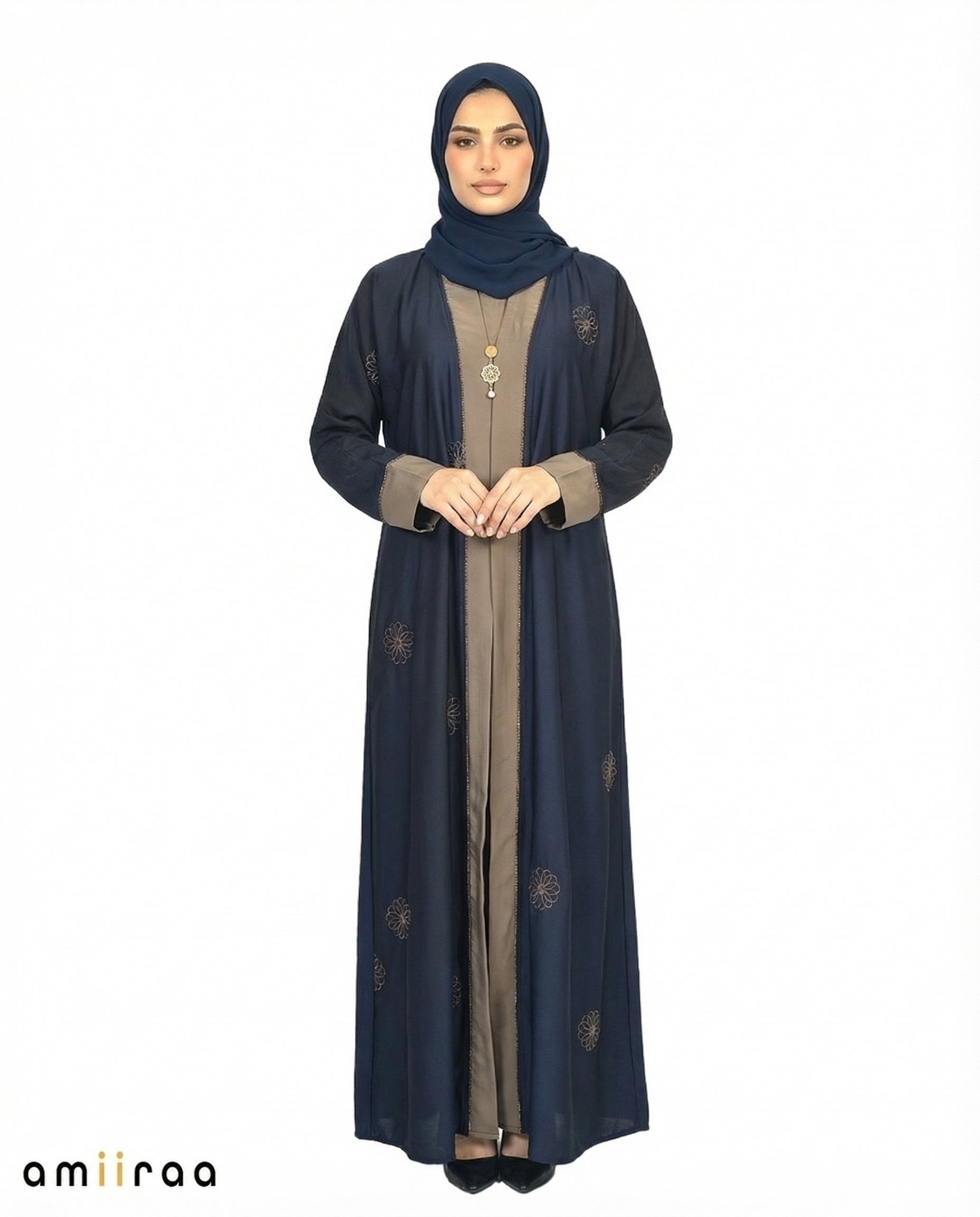 Black Iris Elegant Floral Embroidered Open Abaya with Inner Dress