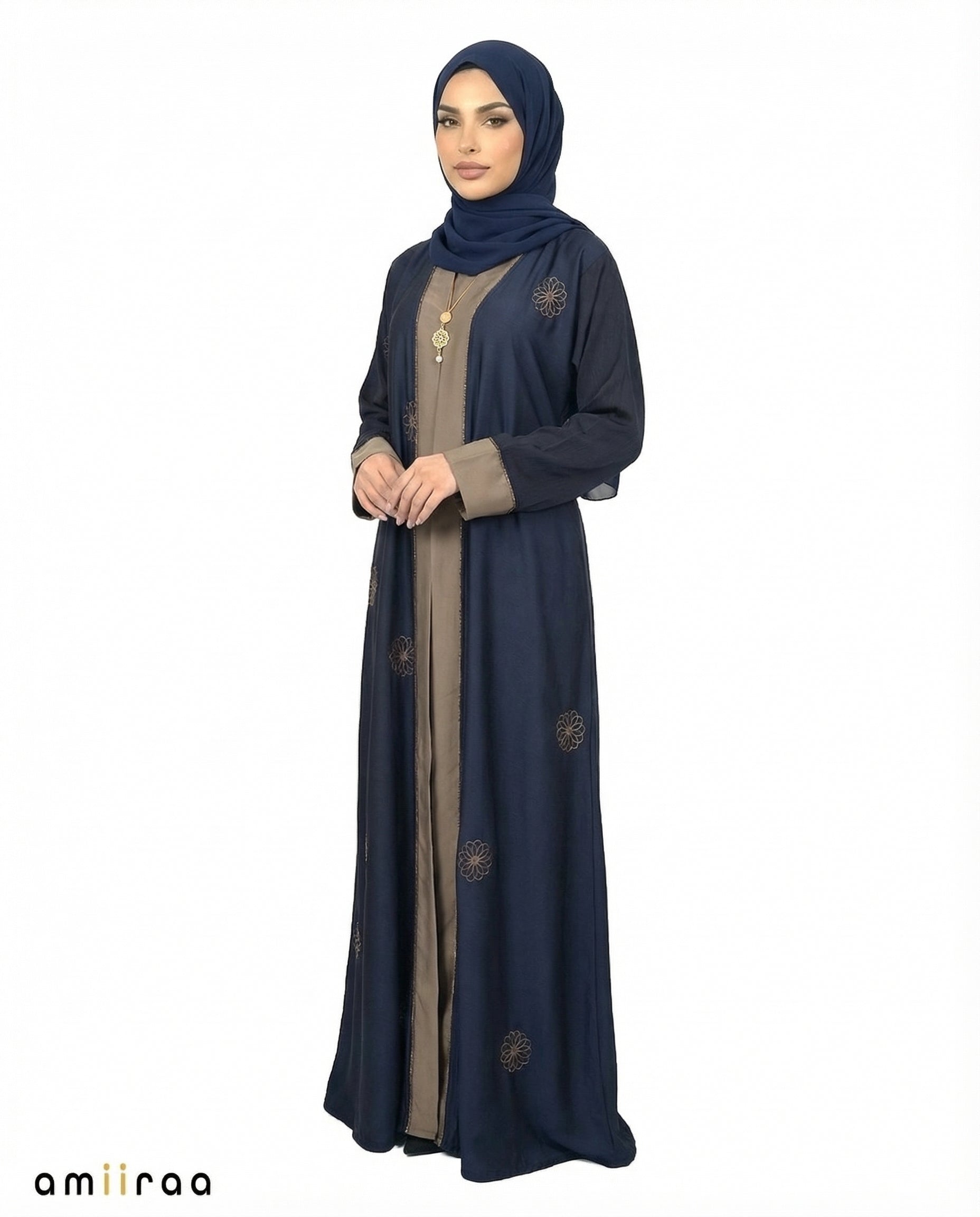 Black Iris Elegant Floral Embroidered Open Abaya with Inner Dress