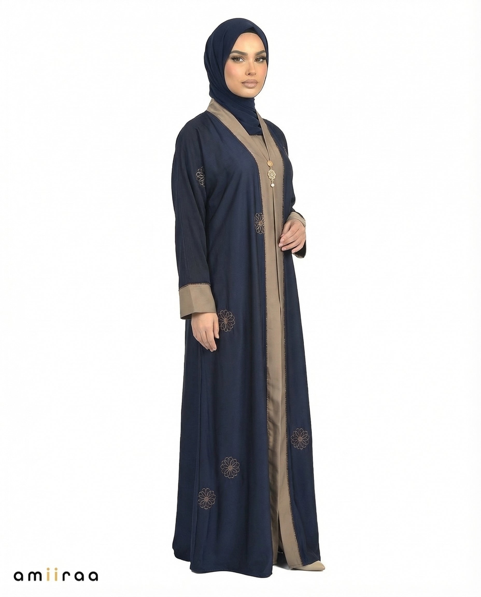 Black Iris Elegant Floral Embroidered Open Abaya with Inner Dress