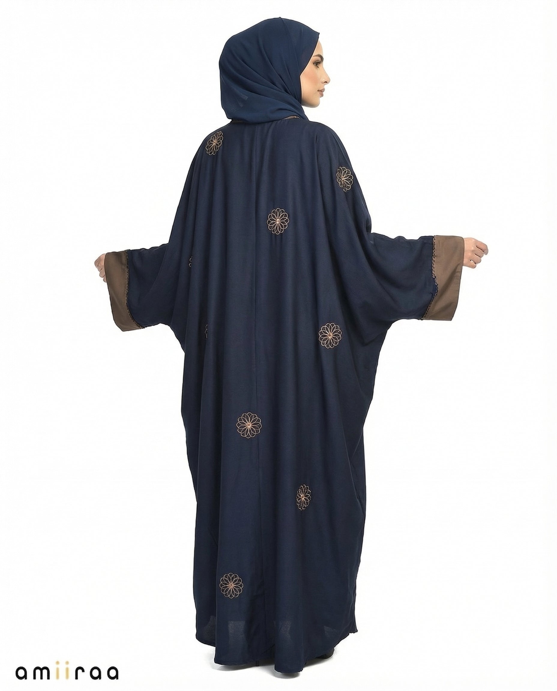 Black Iris Elegant Floral Embroidered Open Abaya with Inner Dress