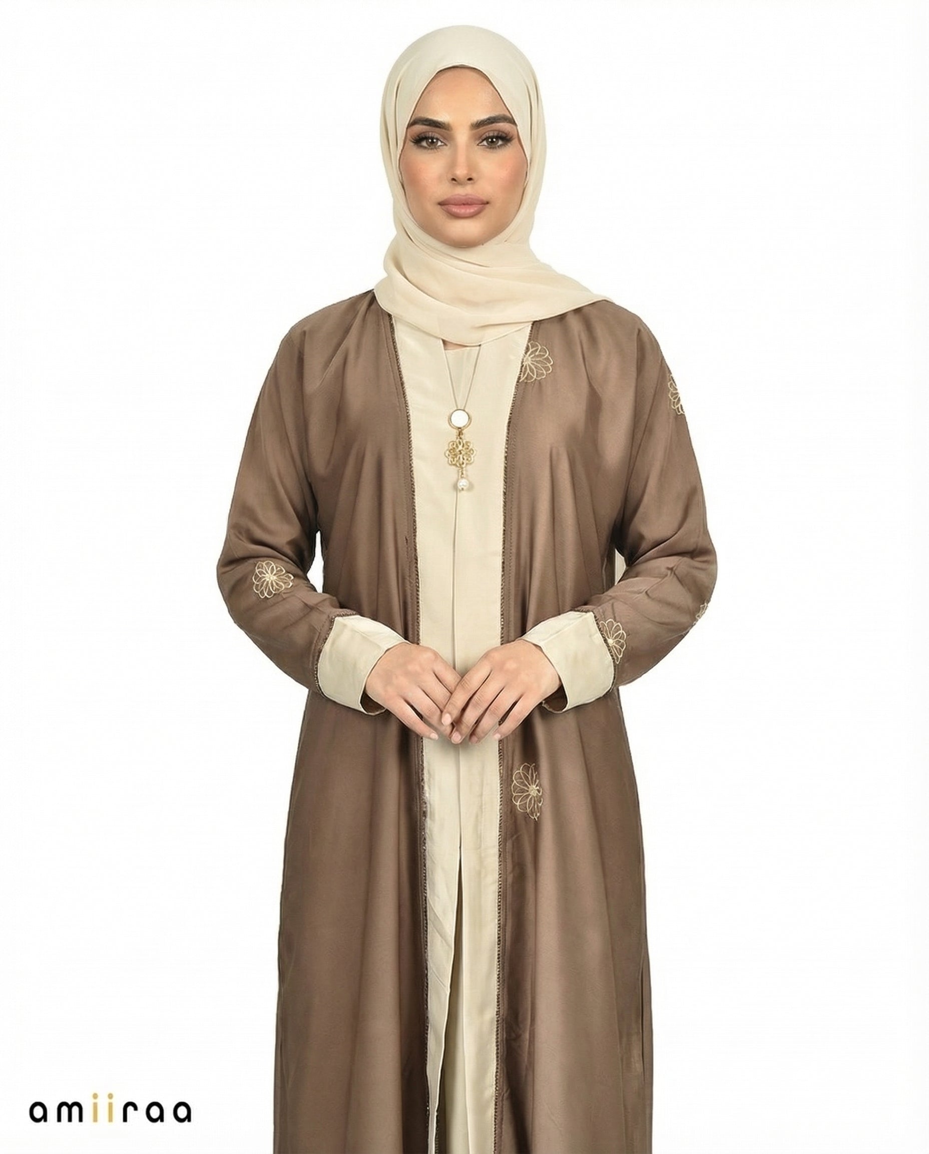 Major Brown Elegant Floral Embroidered Open Abaya with Inner Dress