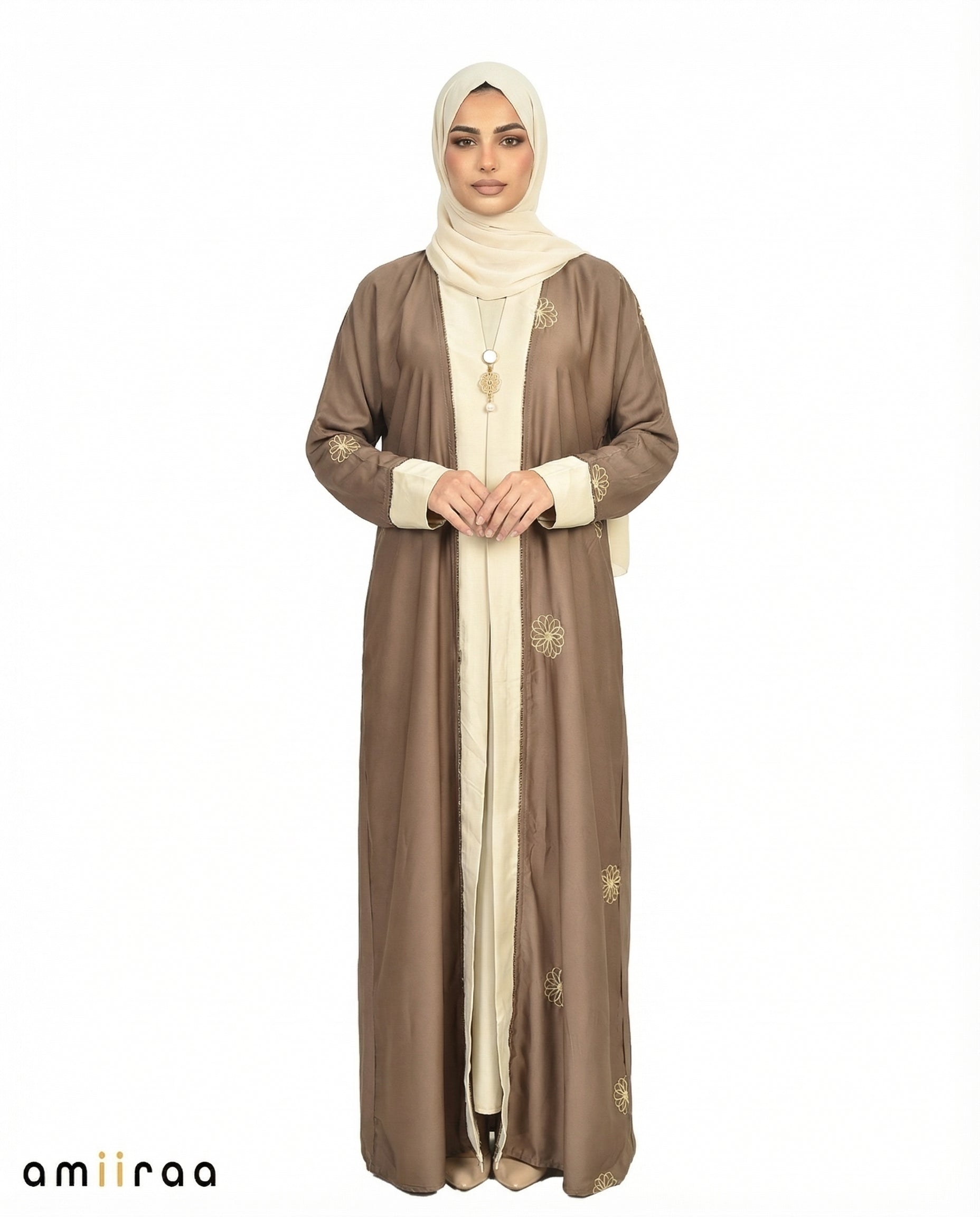 Major Brown Elegant Floral Embroidered Open Abaya with Inner Dress