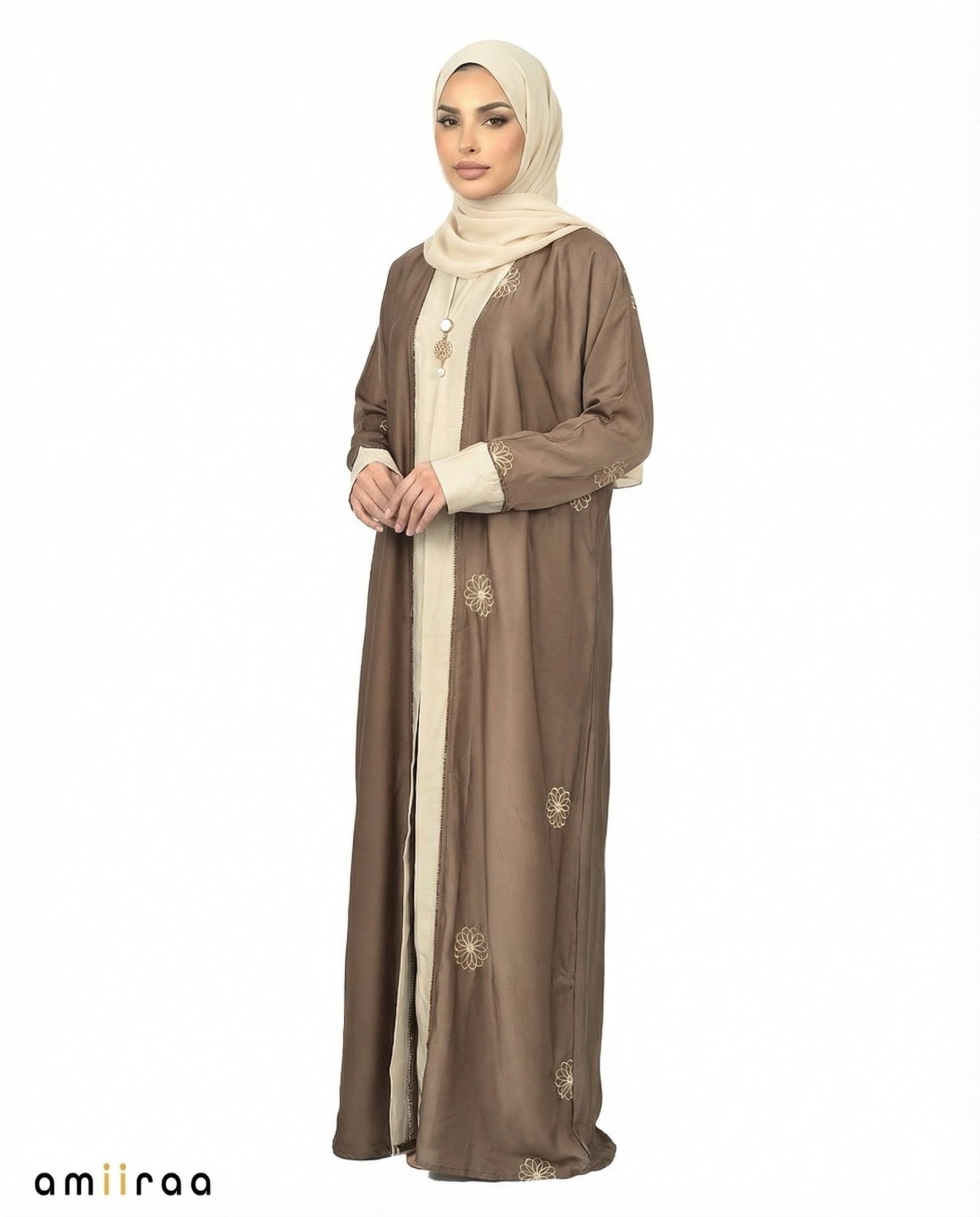 Major Brown Elegant Floral Embroidered Open Abaya with Inner Dress