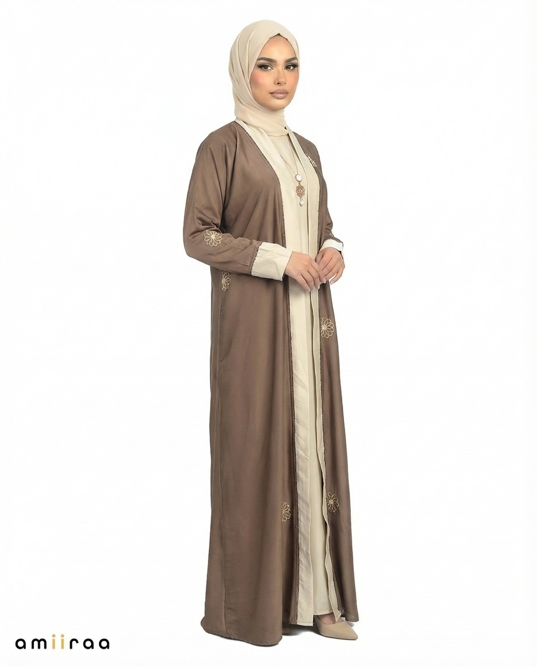Major Brown Elegant Floral Embroidered Open Abaya with Inner Dress