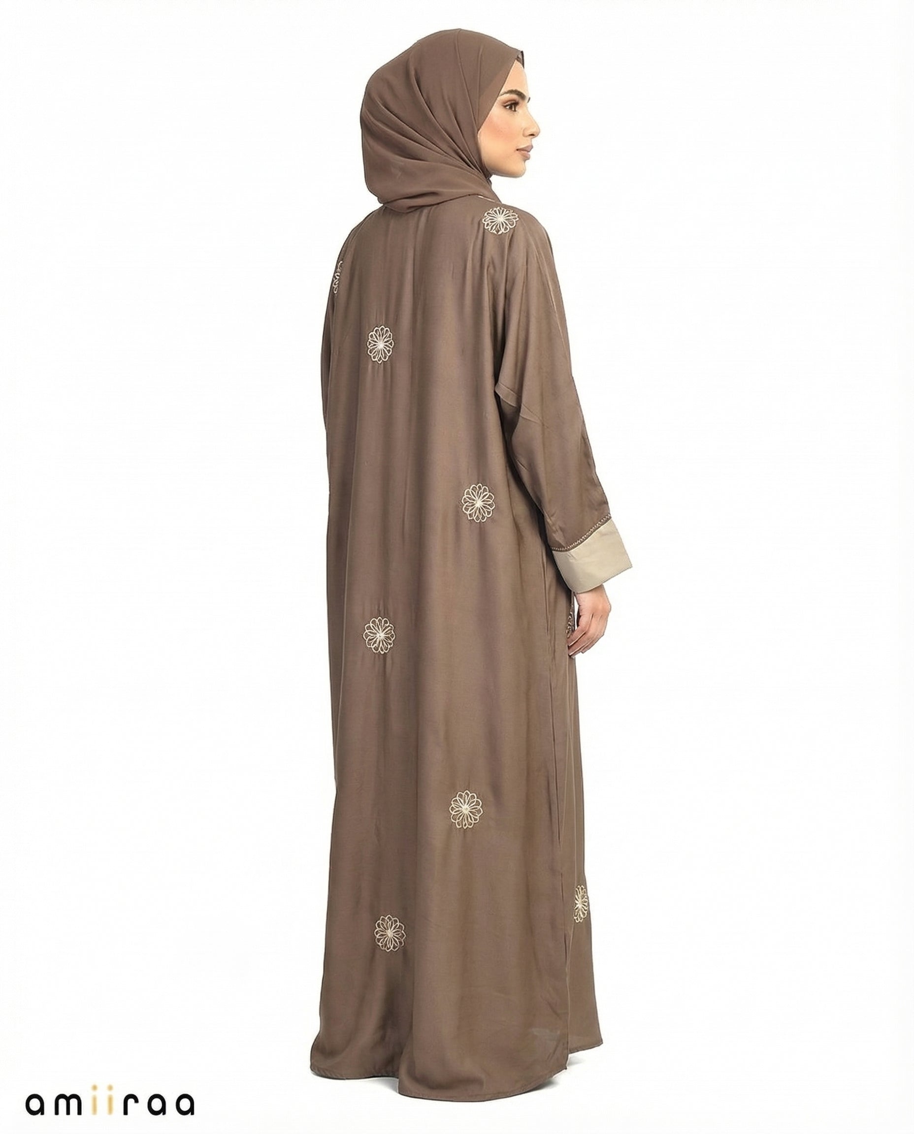 Major Brown Elegant Floral Embroidered Open Abaya with Inner Dress