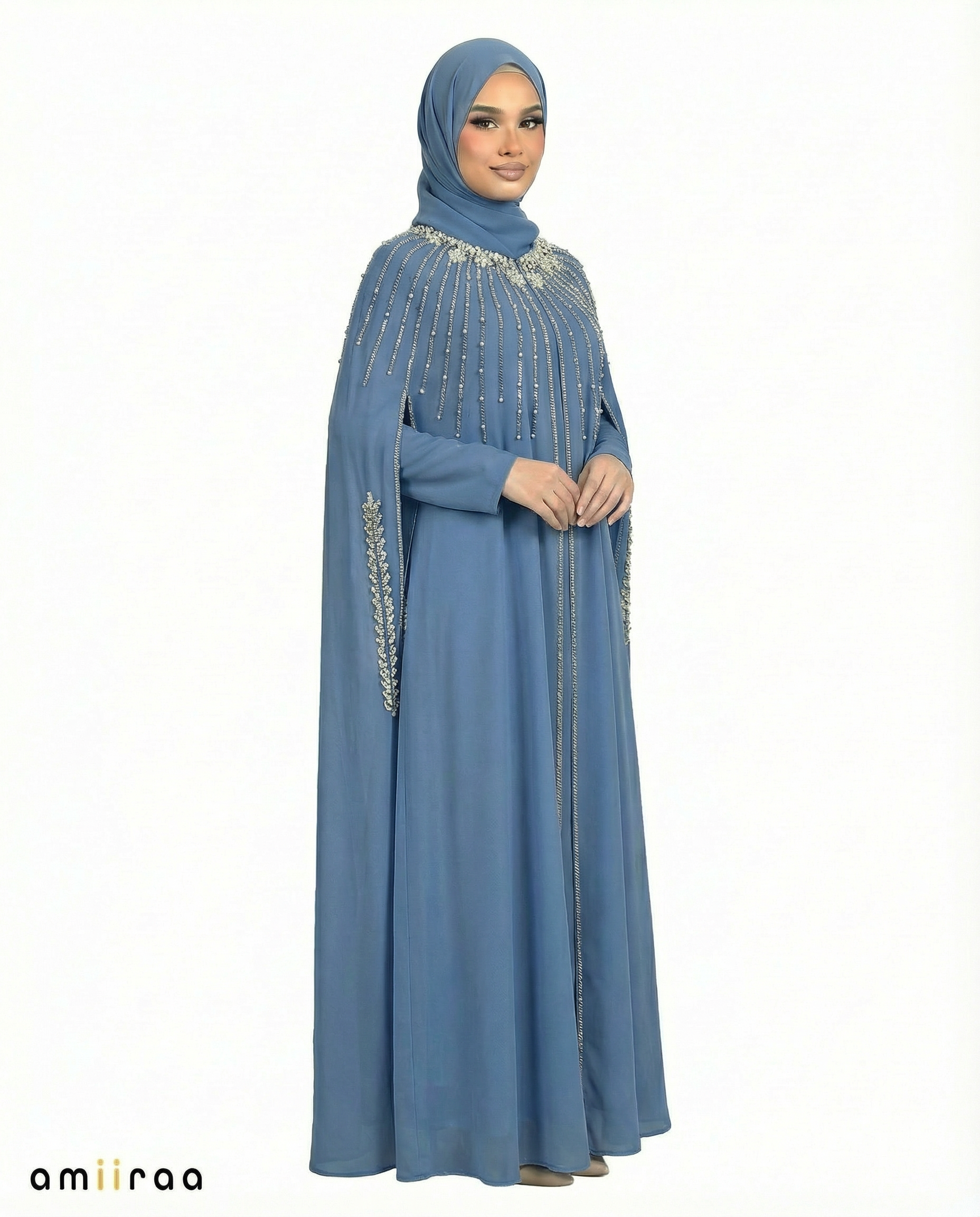 Dark Blue Waterfall Beaded Two-Piece Cloak Abaya