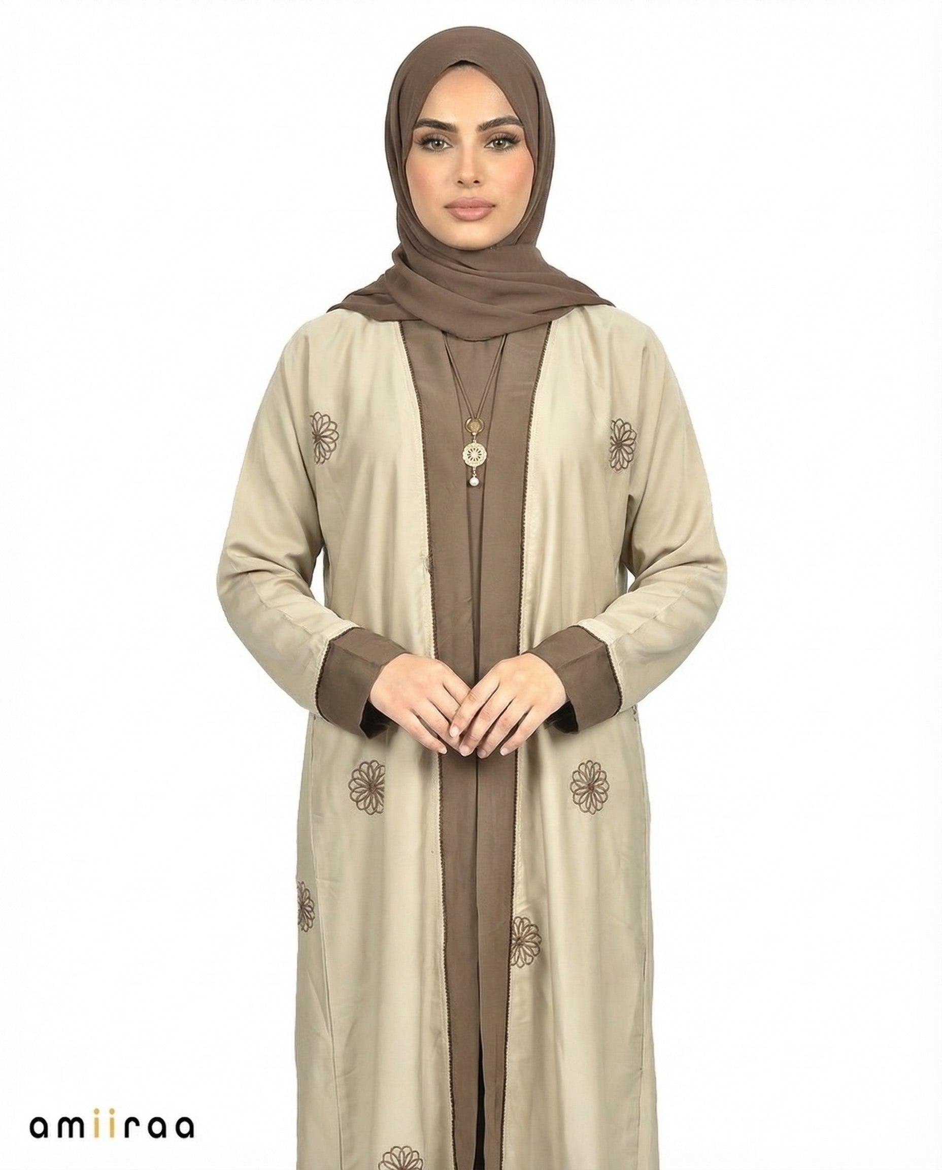 Tidal Foam Elegant Floral Embroidered Open Abaya with Inner Dress