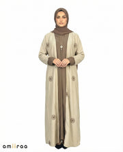 Tidal Foam Elegant Floral Embroidered Open Abaya with Inner Dress