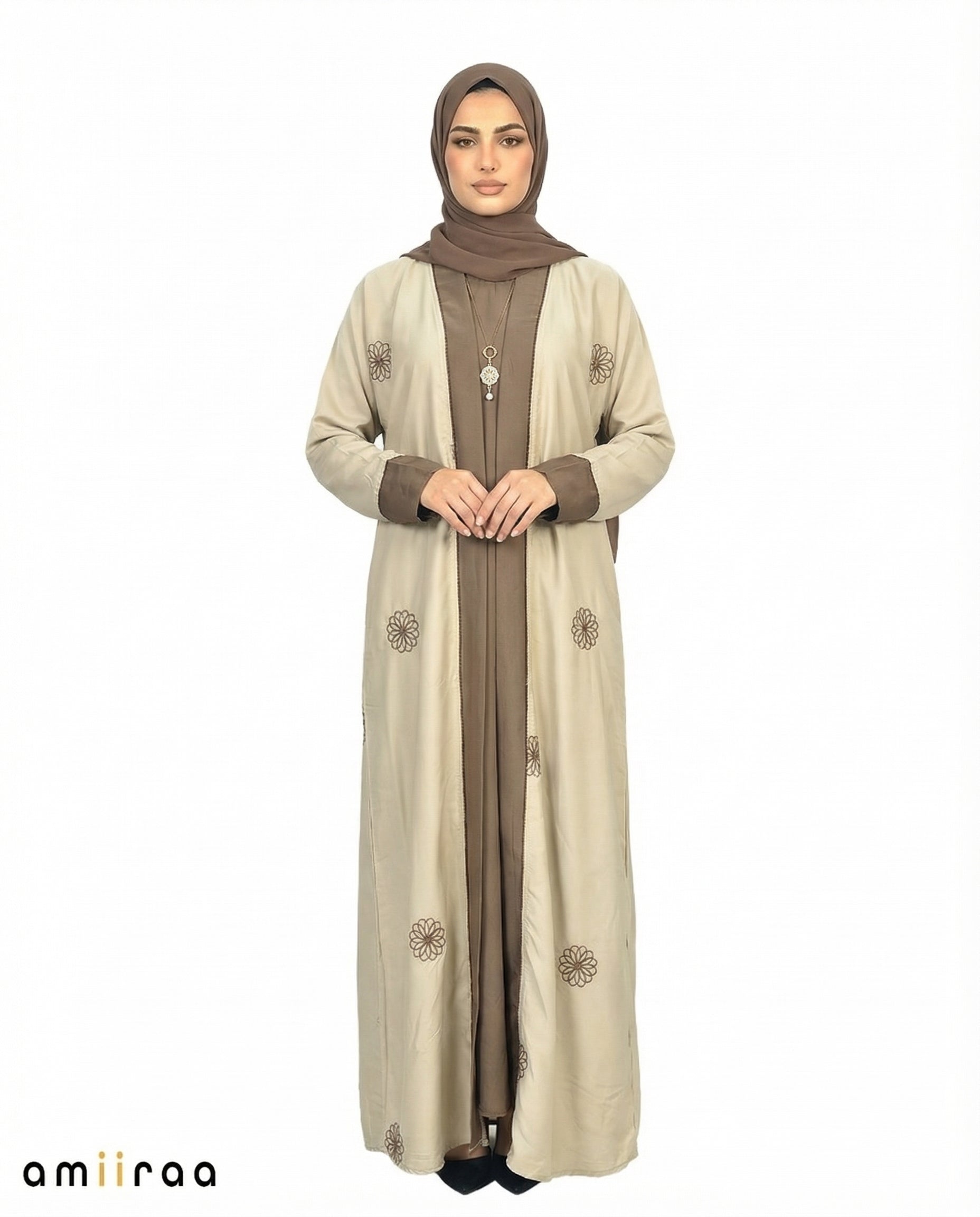 Tidal Foam Elegant Floral Embroidered Open Abaya with Inner Dress