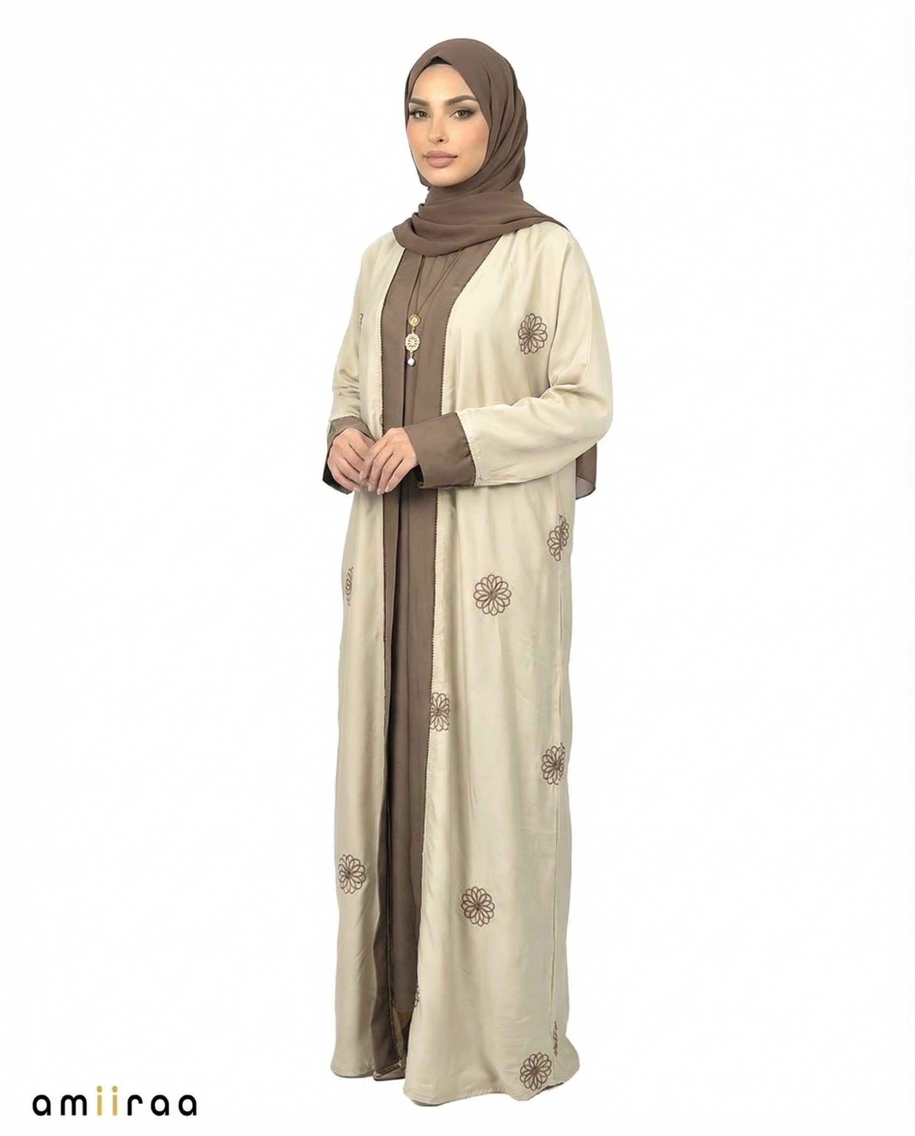 Tidal Foam Elegant Floral Embroidered Open Abaya with Inner Dress