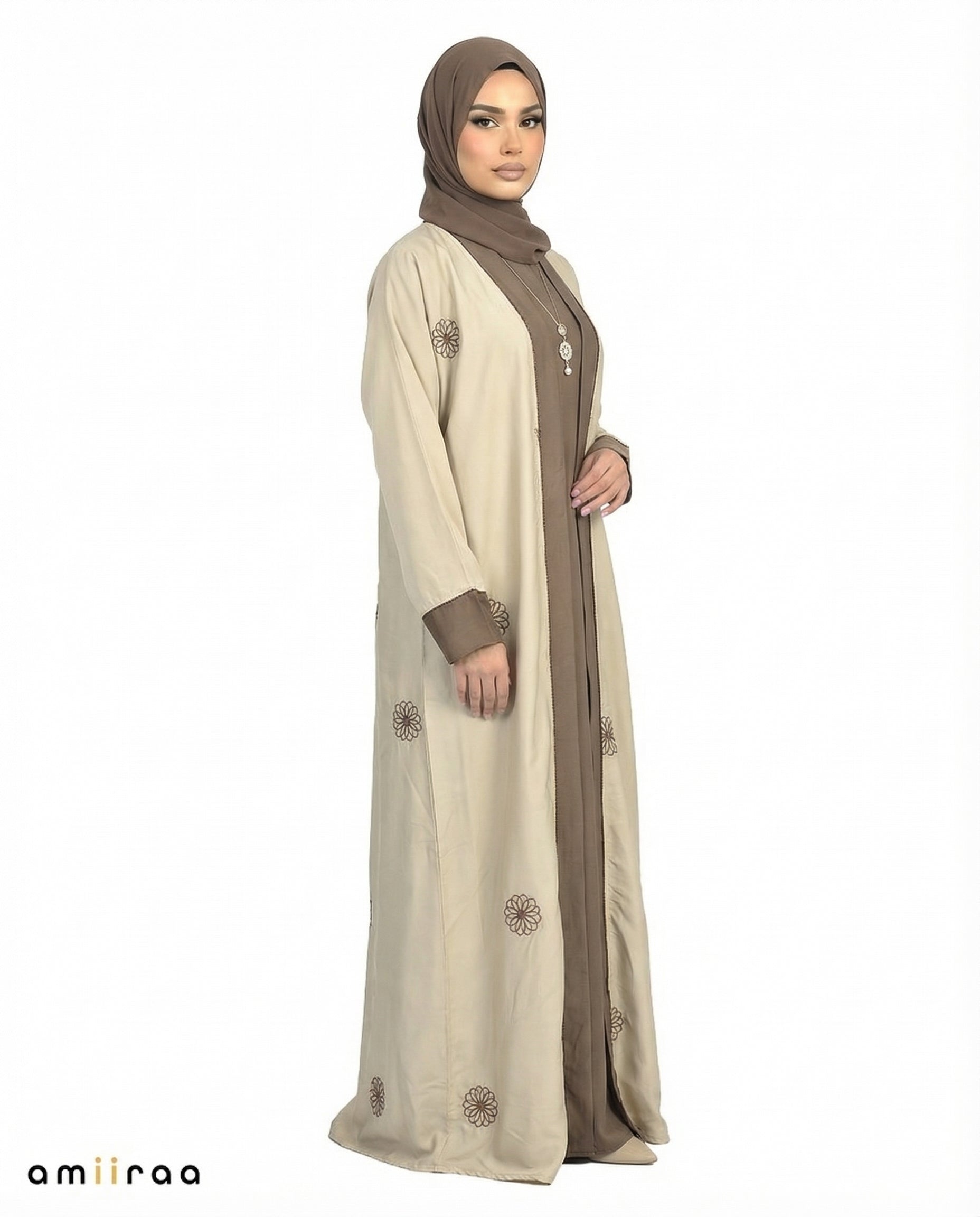 Tidal Foam Elegant Floral Embroidered Open Abaya with Inner Dress