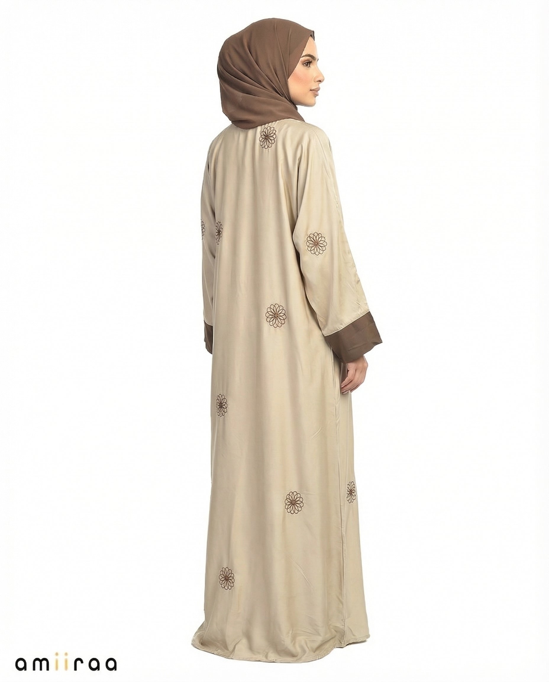 Tidal Foam Elegant Floral Embroidered Open Abaya with Inner Dress