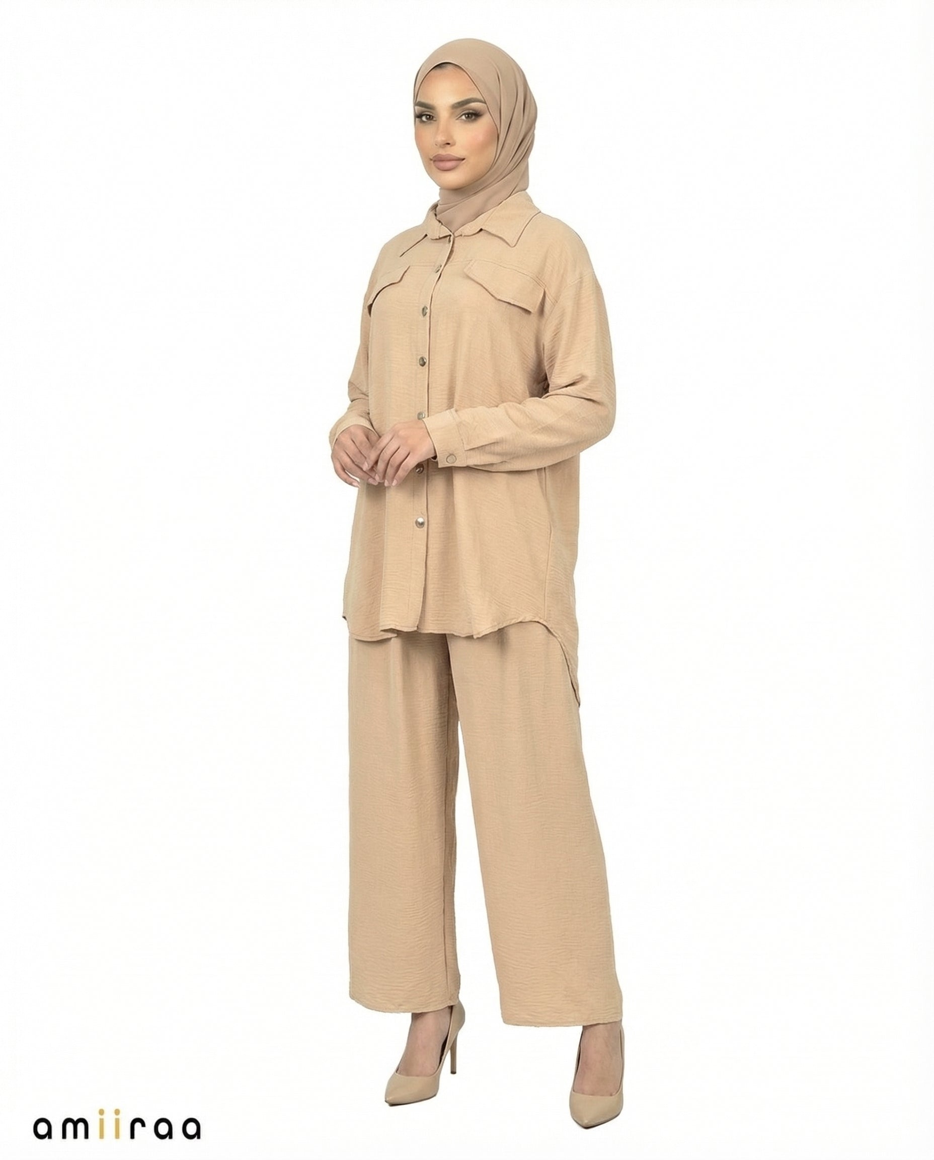 Cuban Sand Modest Button-Down Shirt & Pants Set
