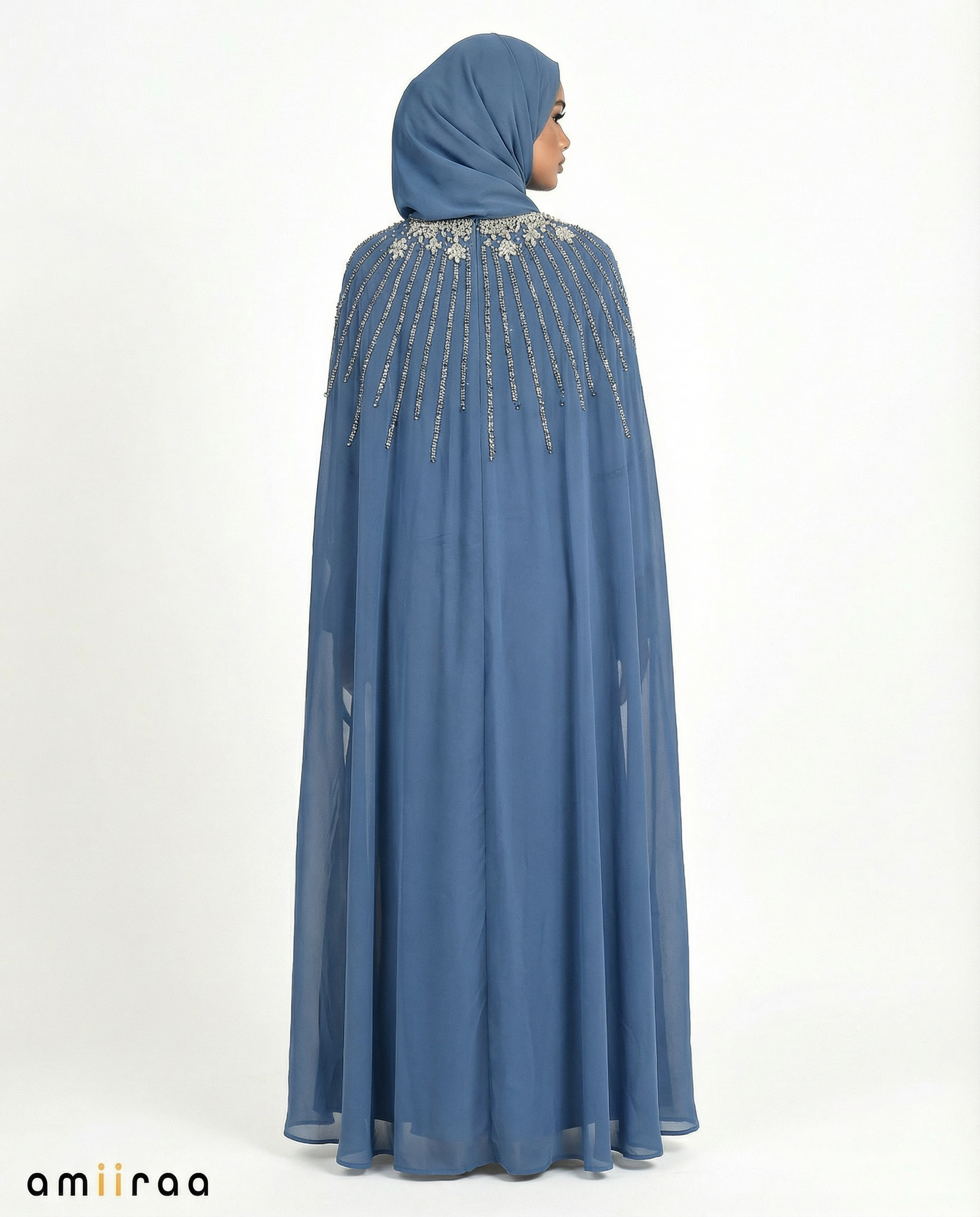 Dark Blue Waterfall Beaded Two-Piece Cloak Abaya