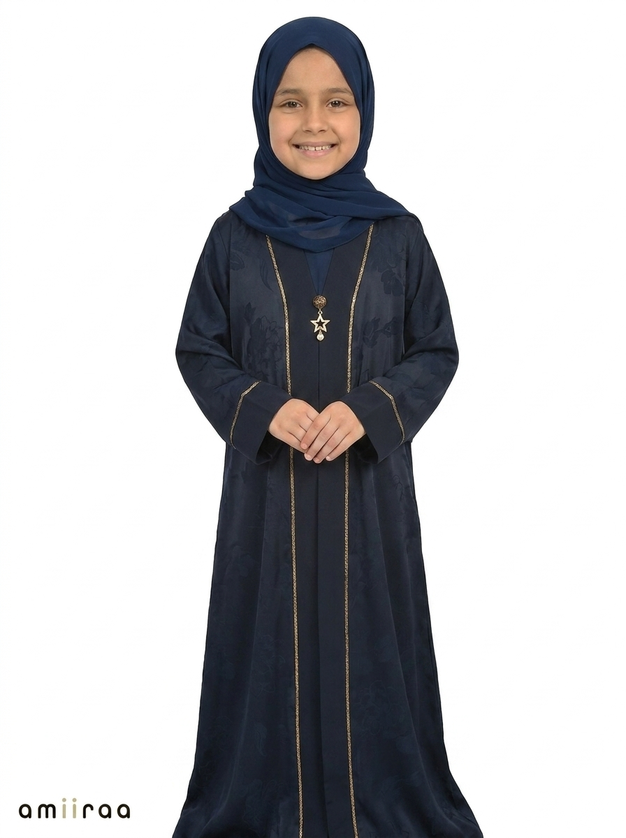 Black Iris Girls Saudi Abaya with Subtle Floral Detailing