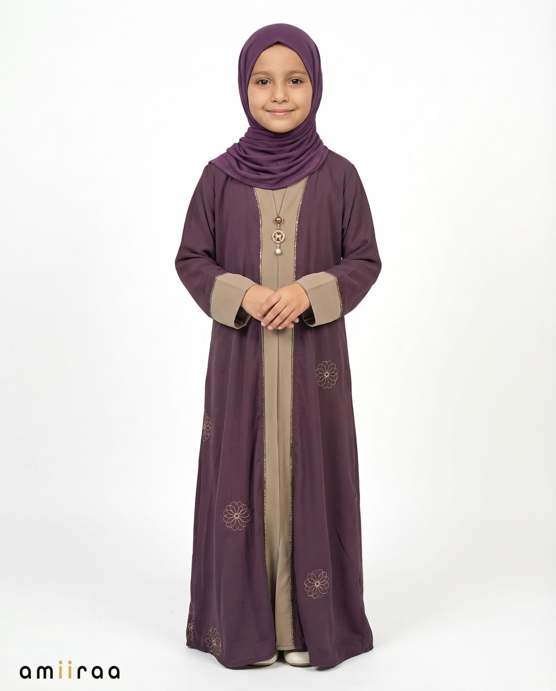 Coriander Girls Floral Embroidered Open Abaya with Inner Dress