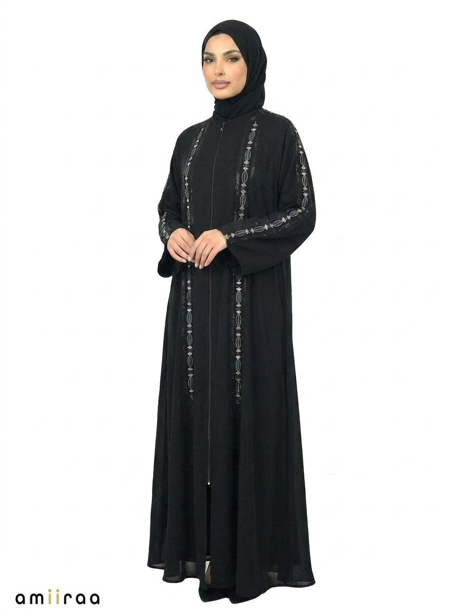 Feldspar Embroidered Sleeve Abaya with Front Zip Closure
