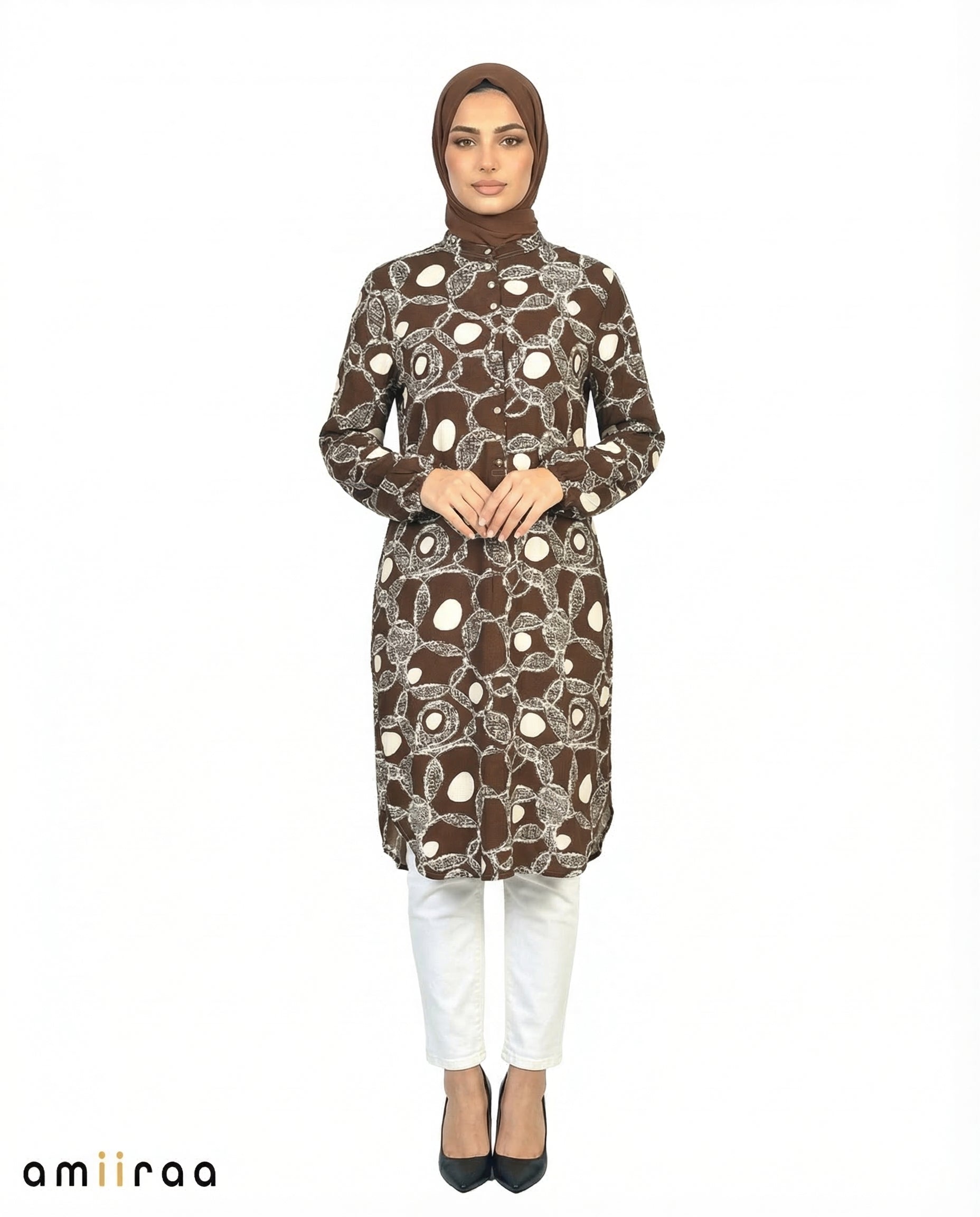 Slate Black Link Print Modest Longline Tunic Shirt