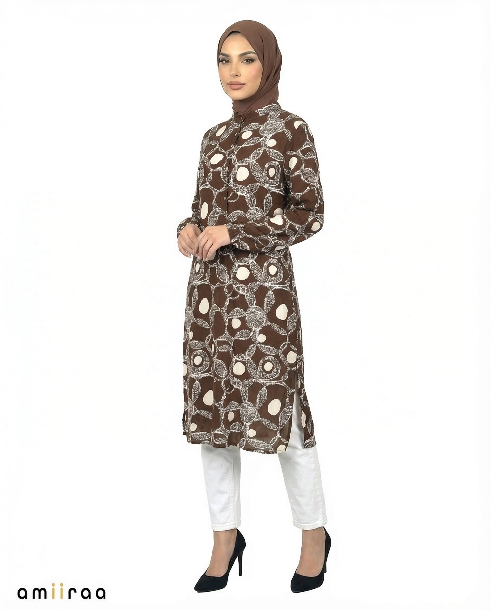 Slate Black Link Print Modest Longline Tunic Shirt