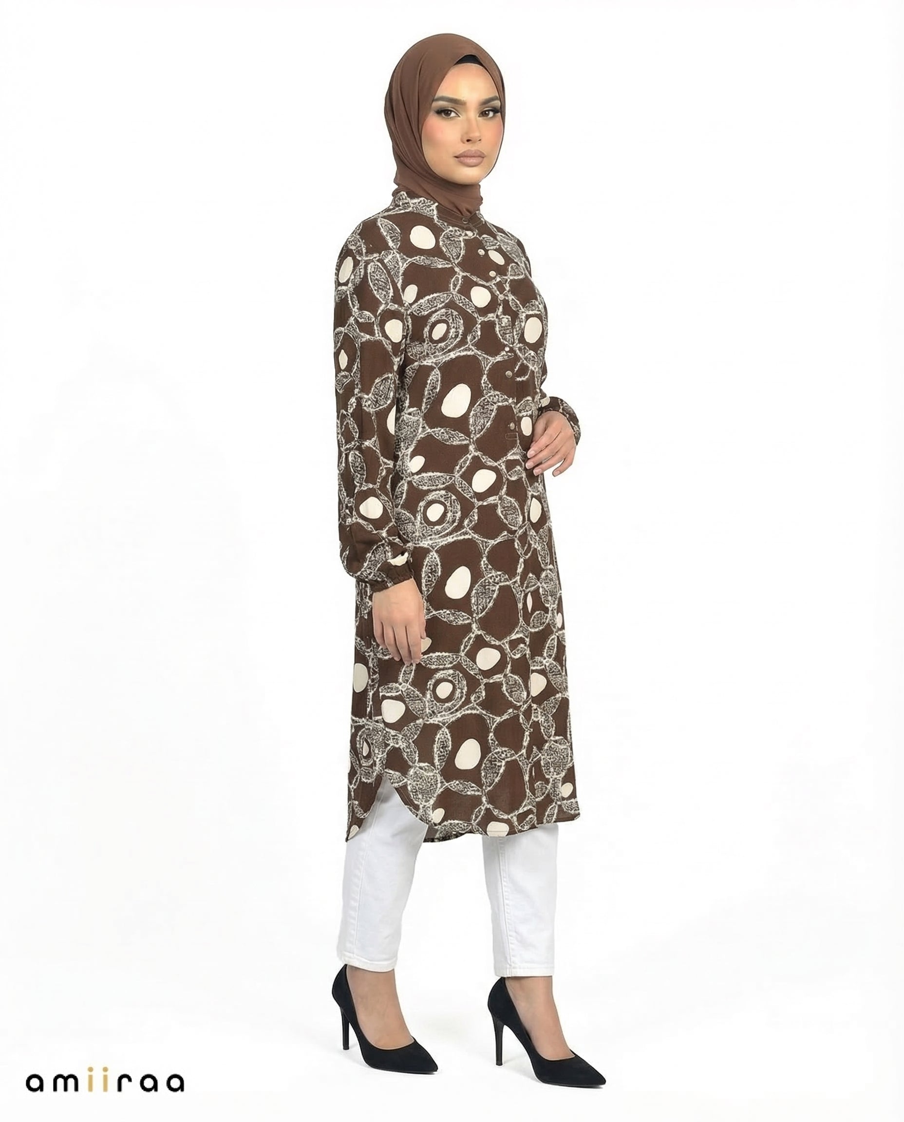 Slate Black Link Print Modest Longline Tunic Shirt