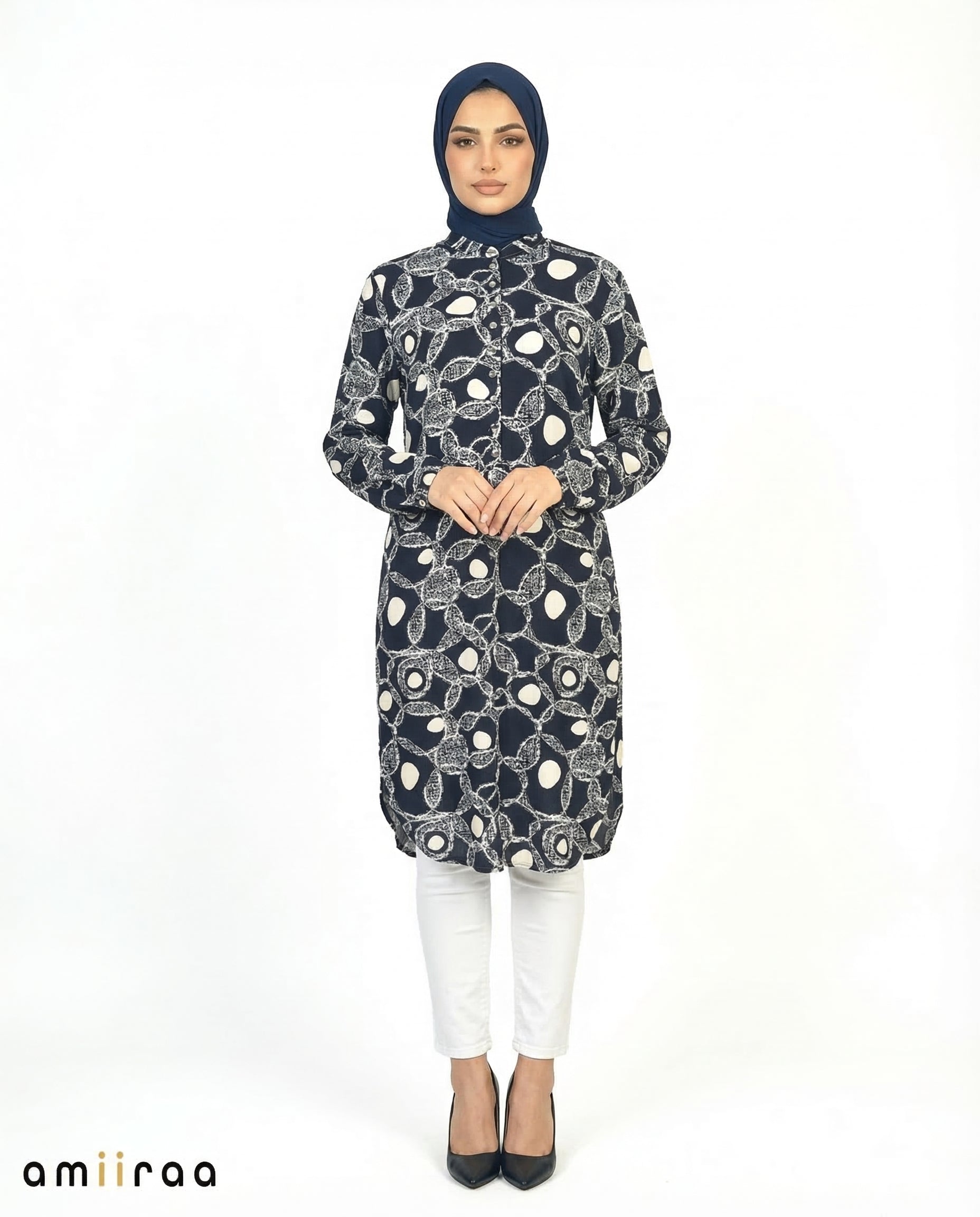 Dark Sapphire Link Print Modest Longline Tunic Shirt