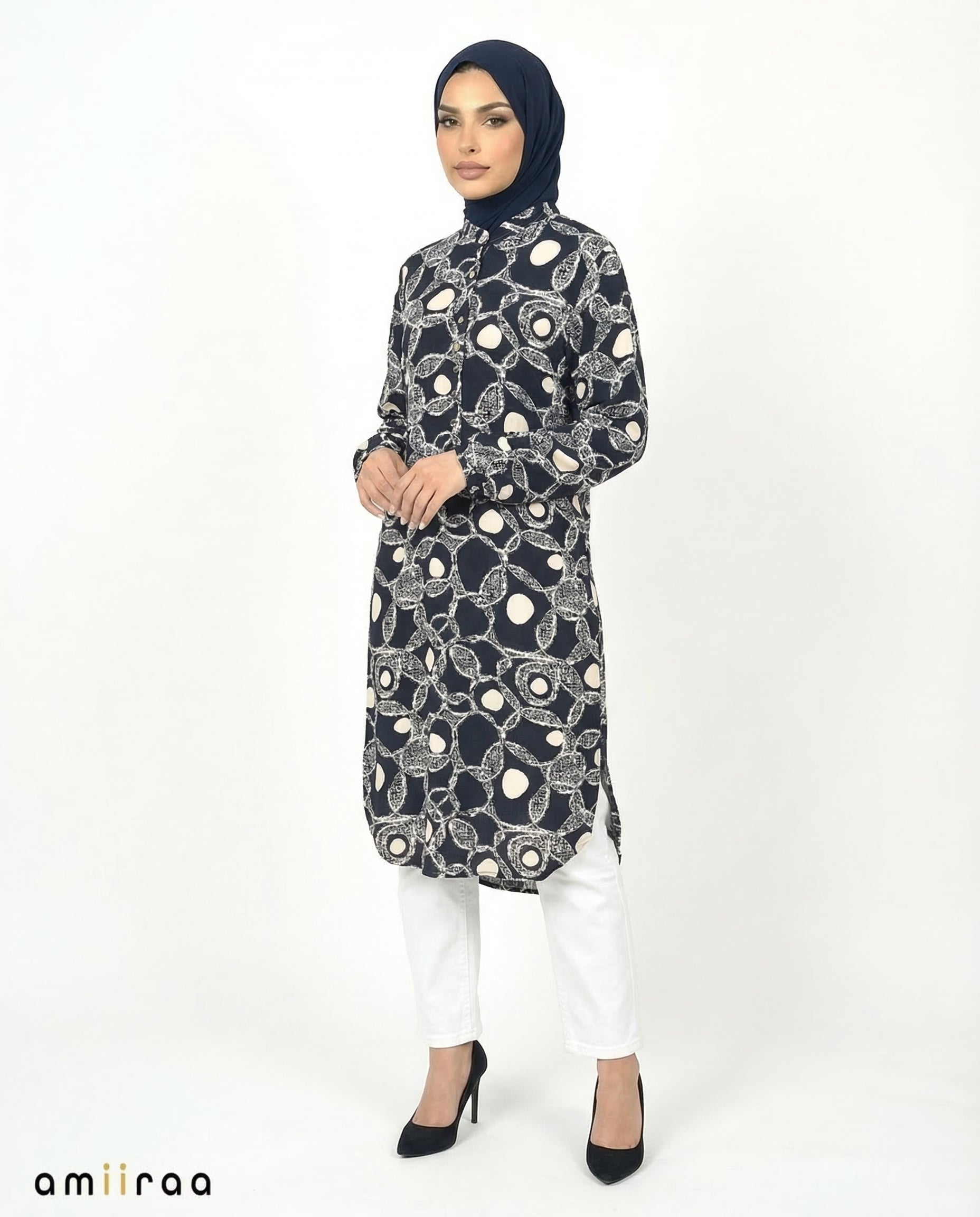 Dark Sapphire Link Print Modest Longline Tunic Shirt