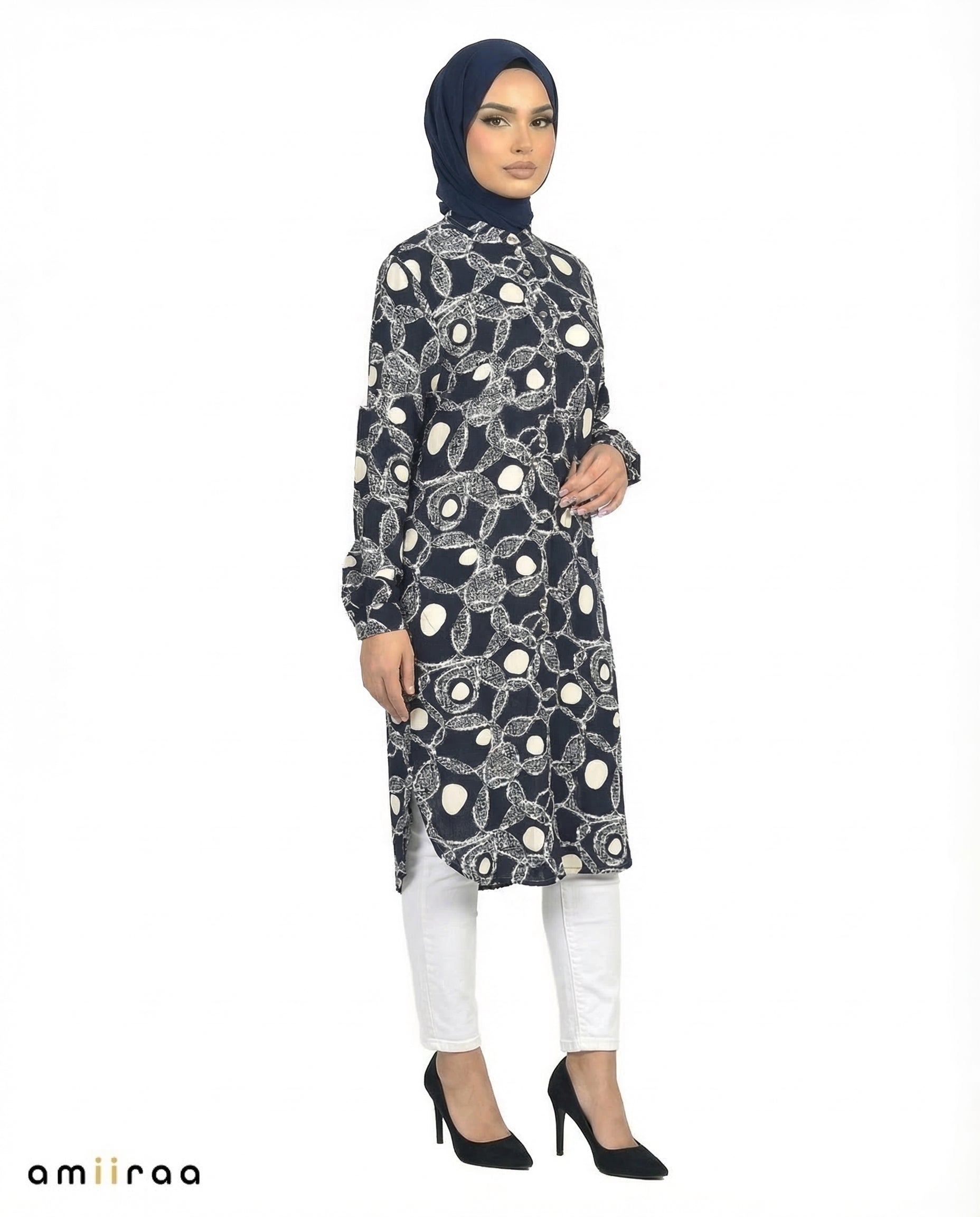 Dark Sapphire Link Print Modest Longline Tunic Shirt